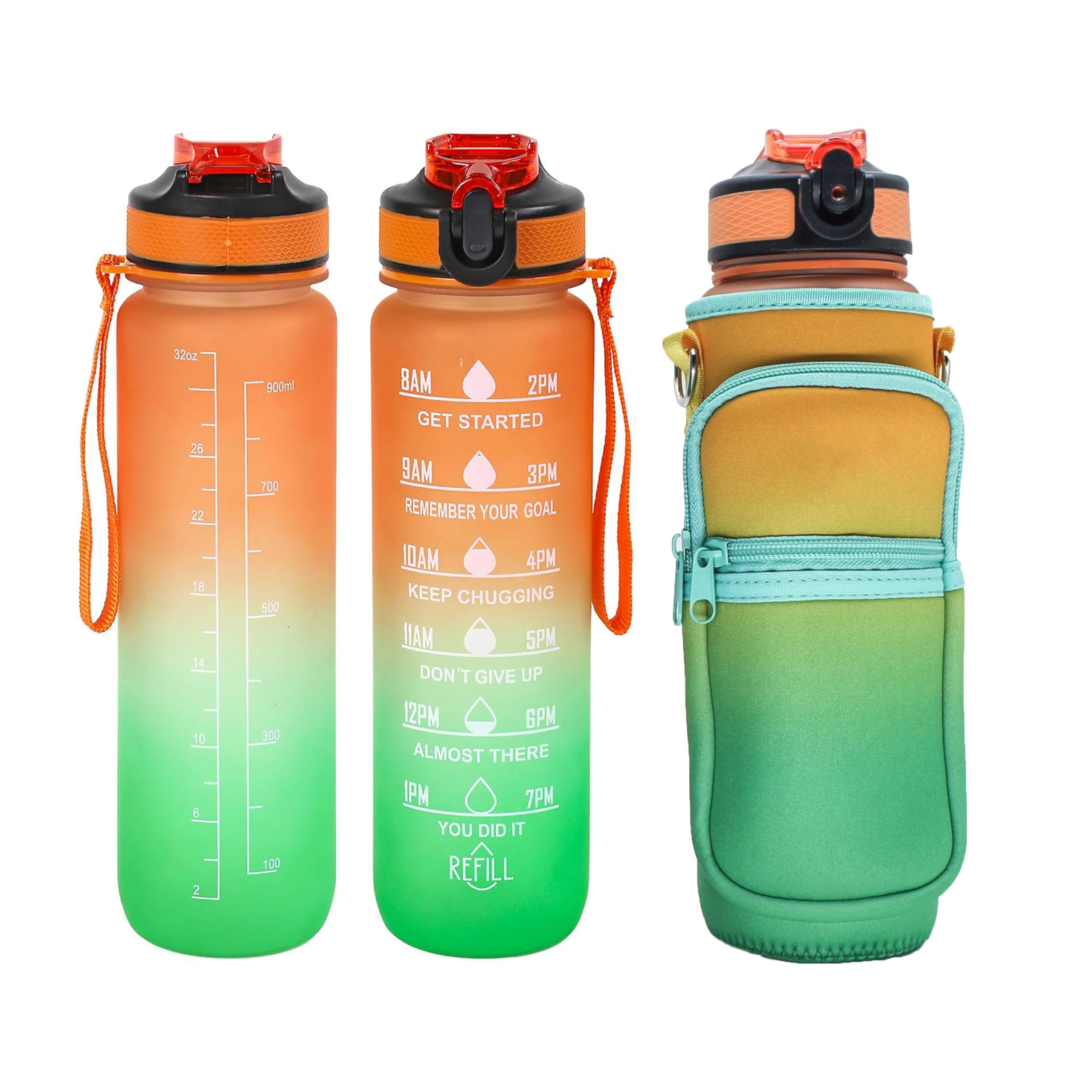 Sparsh & Sell 32oz Motivational Water Bottle – BPA-Free Tritan with Time Marker, Leakproof Straw, and Carry Strap for Gym (Green-Orange Gradient) — image 1