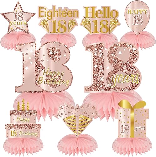 Centros de mesa de cumpleaños de 18 años de color rosa dorado rosa para niña, 9 piezas de oro rosa para cumpleaños de 18 años, suministros de