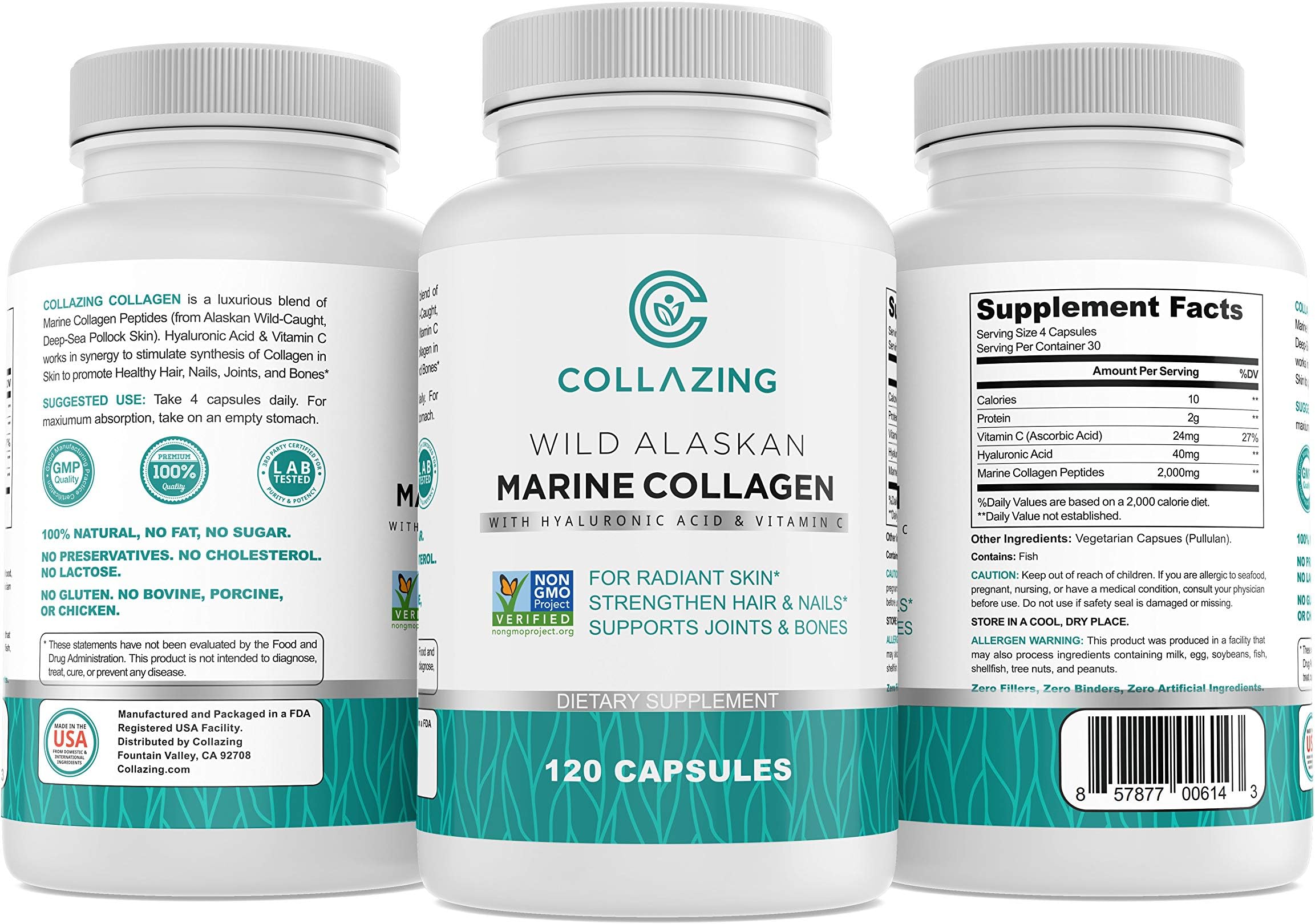 Alaskan Wild-Caught Marine Collagen Peptides with Hyaluronic Acid & Vitamin C - Supports Skin, Hair, Nails, Joints & Bones - Type 1 & 3 Collagen for Women & Men - 120 Powder Capsules