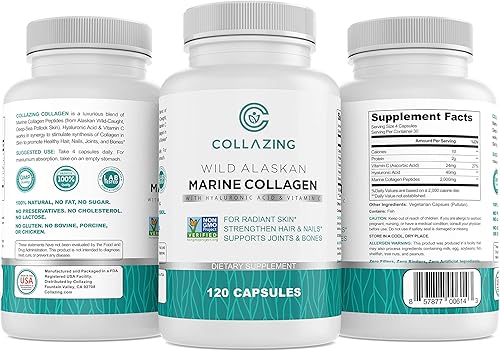 Collazing - Péptidos de proteína de colágeno marino capturado en la naturaleza de Alaska, con ácido hialurónico y vitamina C, para piel radiante,
