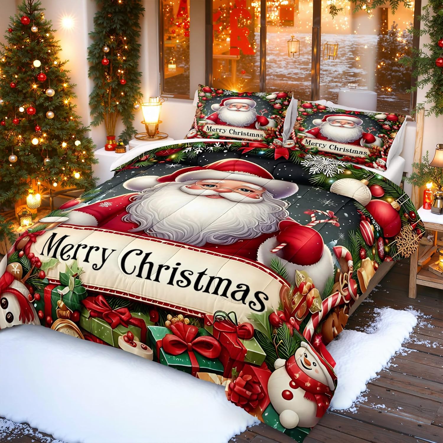 Merryword Cartoon Santa Claus Comforter Set Queen Cute Bedding Set for Girls Boys Teens