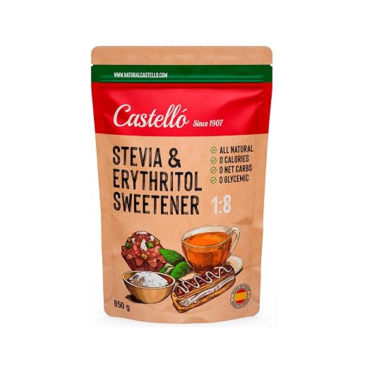 Edulcorante Stevia + Eritritol 1:8 | 1g = 8g de azúcar | Sustituto del Azúcar 100% Natural - 0 Calorías - 0 Índice Glucémico - Keto y Paleo - 0 Carbohidratos - No OGM - Castello since 1907-850 g