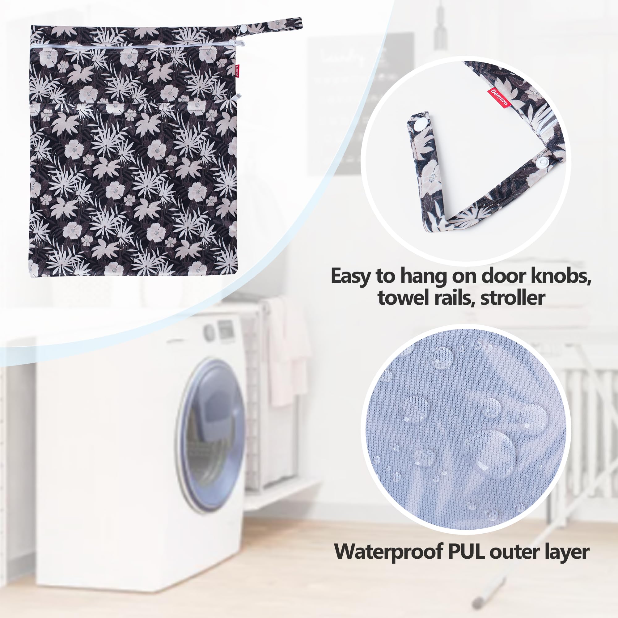 Damero 3 PCS Travel Laundry Bag, Reusable Wet Dry Bag, Washable Dirty Clothes Bag Bathing Suit Workout Bag for Gym Swimming Yoga Laundry Wet Clothes, Coffee Flowers