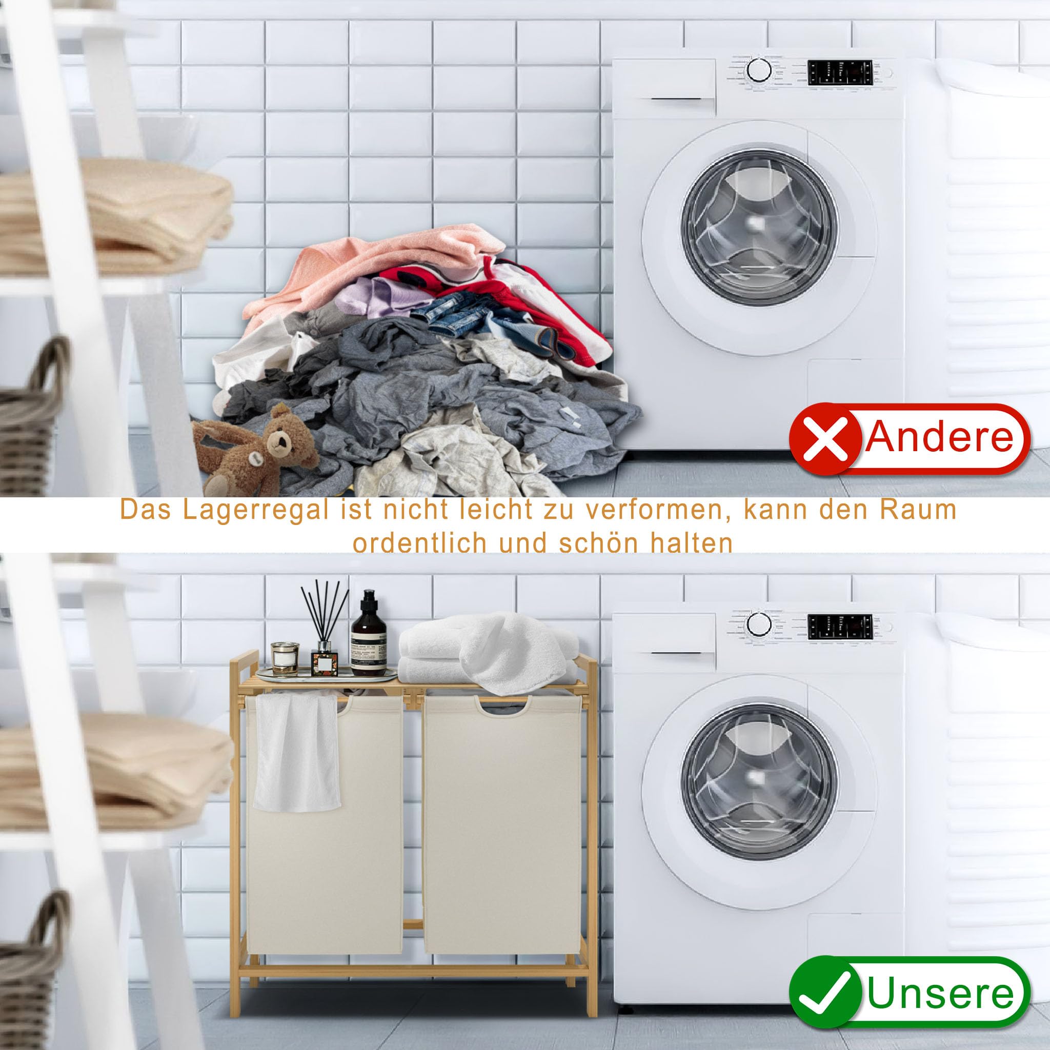 UISEBRT Bambus Wäschekorb mit 2 Fächern, 72L Wäschesortierer aus Oxford-Stoff, Wäschesortiersystem abnehmbar und waschbar, 73x64x33,5cm, Beige