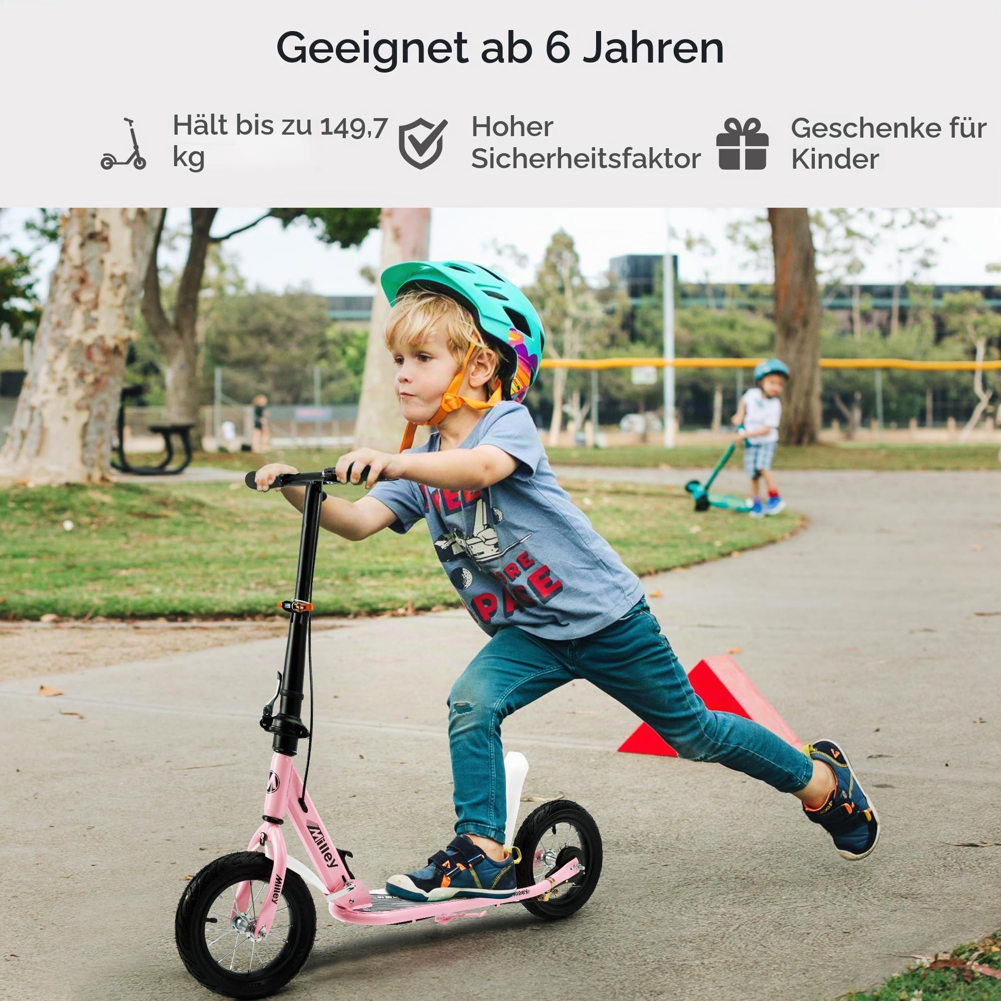 Scooter für Kinder ab 8 Jahren,12 Zoll Pneumatikgummireifen,Stahlrahmen bis 150kg,Höhenverstellbar,Vor- und Rückhandbremse,Anti-Rutsch-Deck,Smooth Ride Roller für Jugendliche