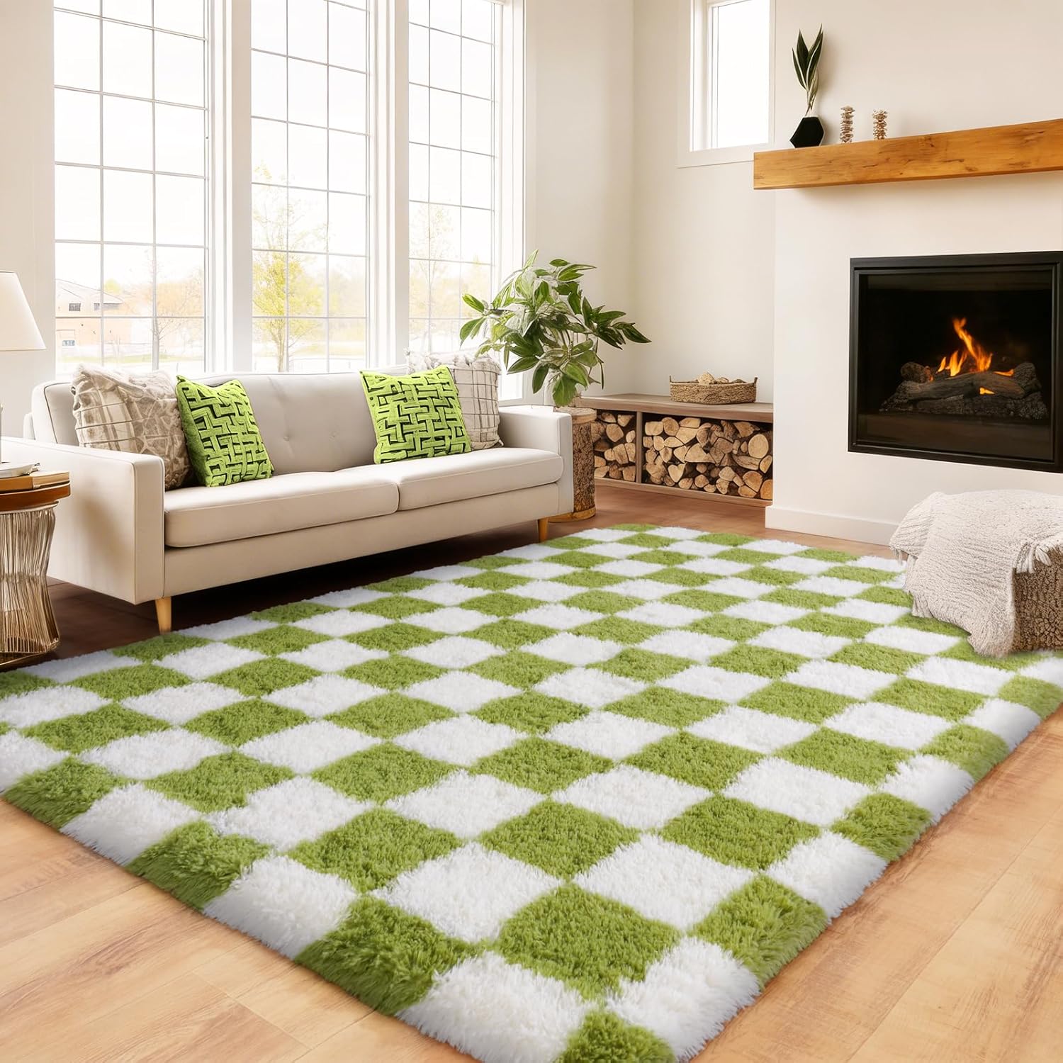 Checkered Rug 4x6 for Bedroom, Ultra Fluffy Shag Area Rugs for Living Room, Upgrade Anti-Skid High Pile Soft Rug Fuzzy Carpet for Living Room Bedroom Kids Room Nursery, Dorm Home Decor, Cream & Green