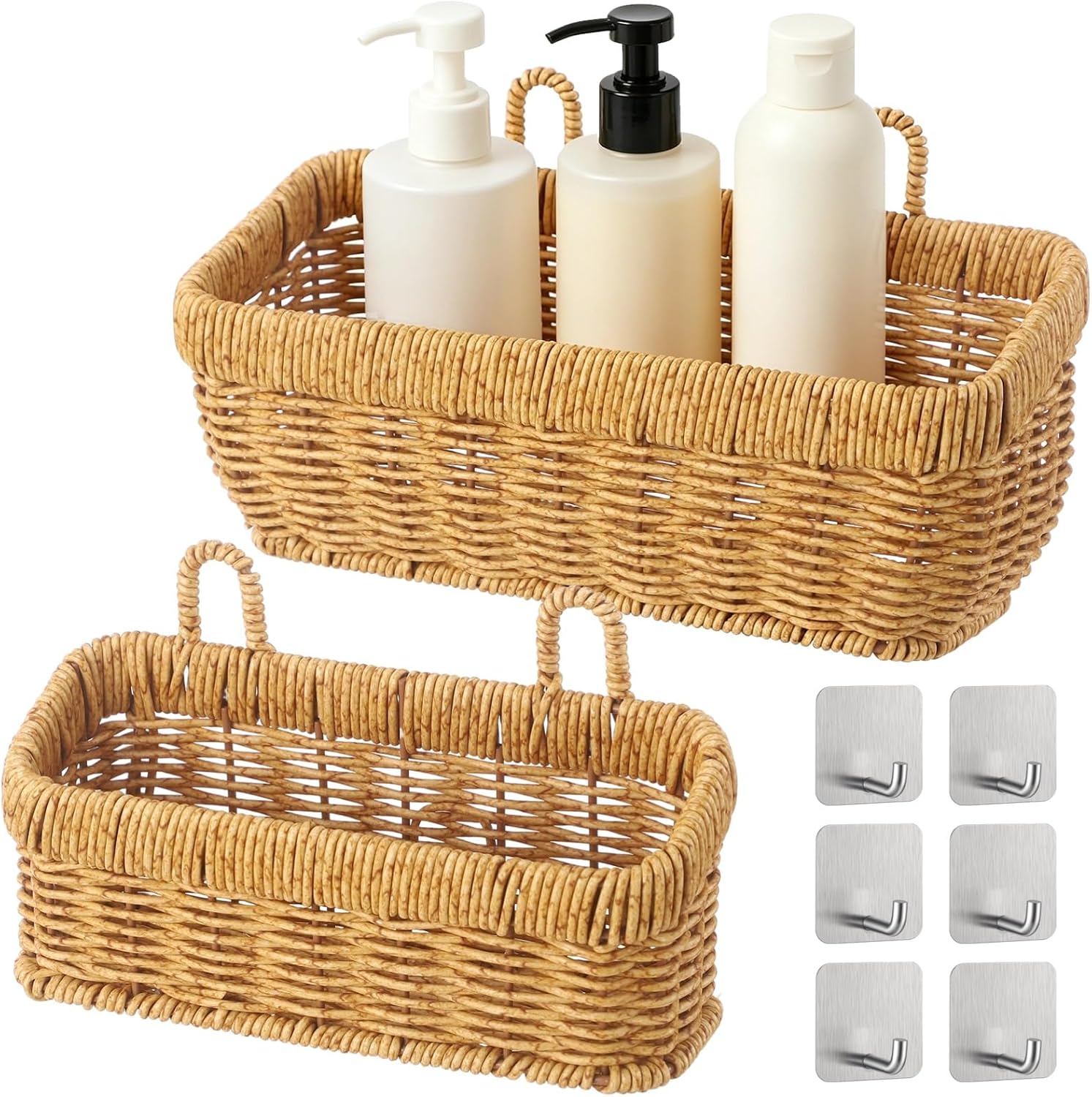 2 PCS Wall Hanging Baskets, Woven Storage Organizer Set, Rattan Style Shelf with Adhesive Hooks, Metal Frame Basket, Bohemian Decor Holder for Bathroom Kitchen Living Room