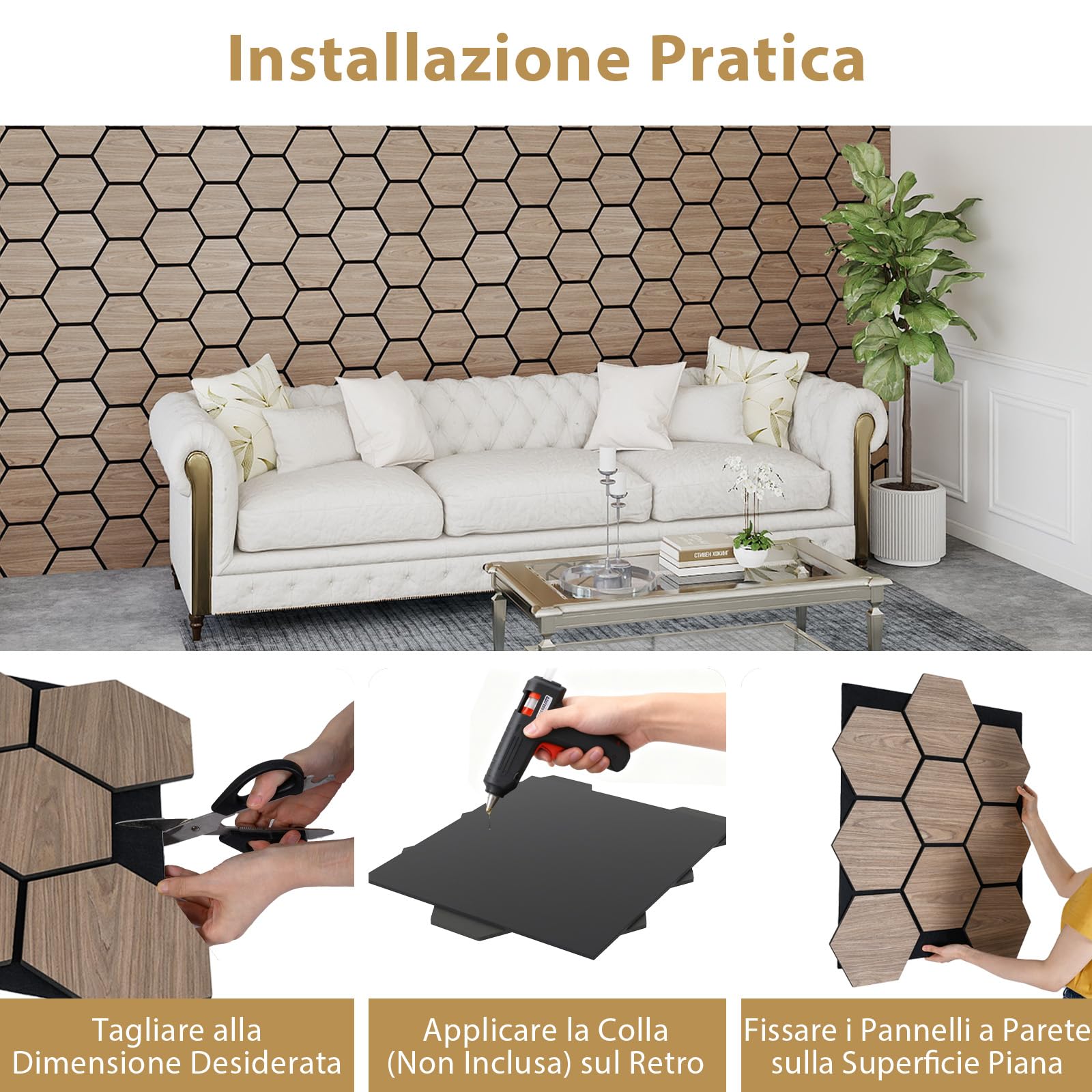 COSTWAY Pannello Fonoassorbente 4 Pezzi, Pannelli Acustici per Pareti, 81 x 66 cm con 9 Tavoletta Esagonali in Legno, Decorazione d’Interni, per Riduzione Rumore, 2,1 m²