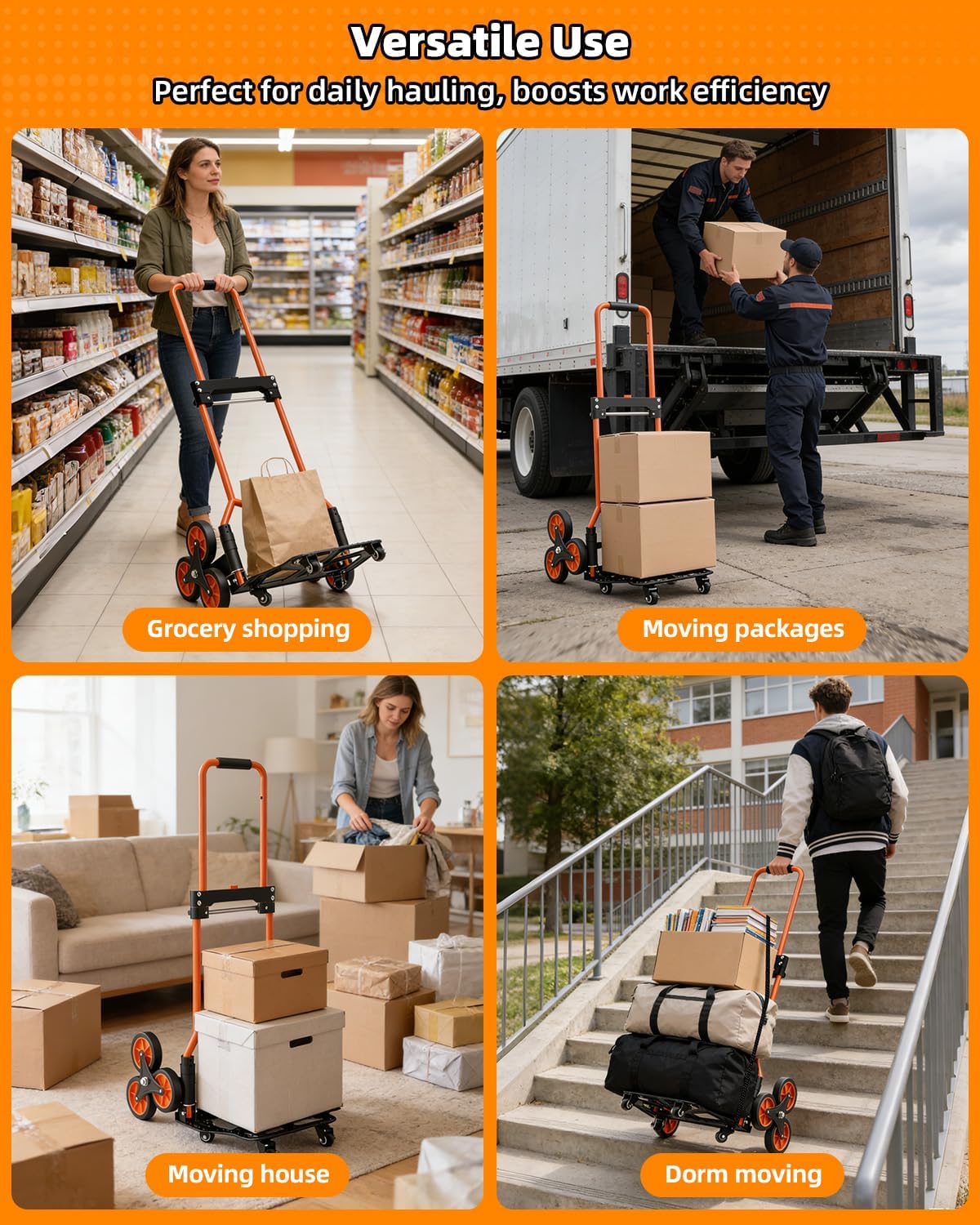 Folding Stair Climbing Dolly, 220Lbs Capacity, Portable Dolly Cart with 10 Wheels and Telescoping Handle, Lightweight Hand Truck Cart for Flat Ground & Stairs, School, Dormitory, Home, Office, Food