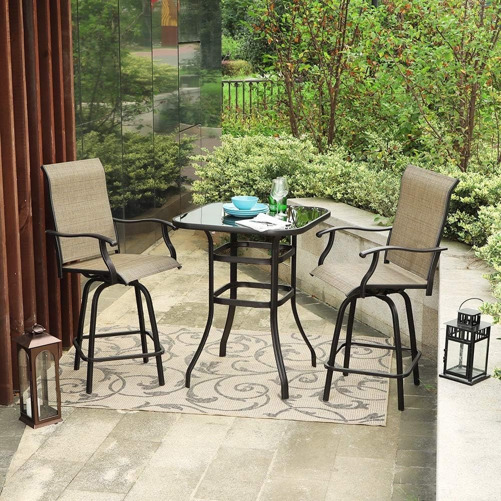 PHI VILLA Outdoor Bar Table, Bar Height Tall Patio Bistro Table, Metal Frame Tempered Glass Table High Top (Black)