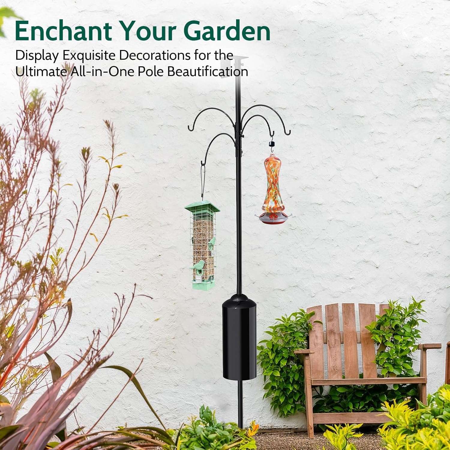 Birdkiss Shepherd Hook Pole for Garden：Adjustable Heavy Duty Outdoor Squirrel Proof Bird Feeder Pole Mount Kit with 5 Prongs Base 90 Inch with 4 Hooks Hanging for Bird Feeder and Birdhouse.