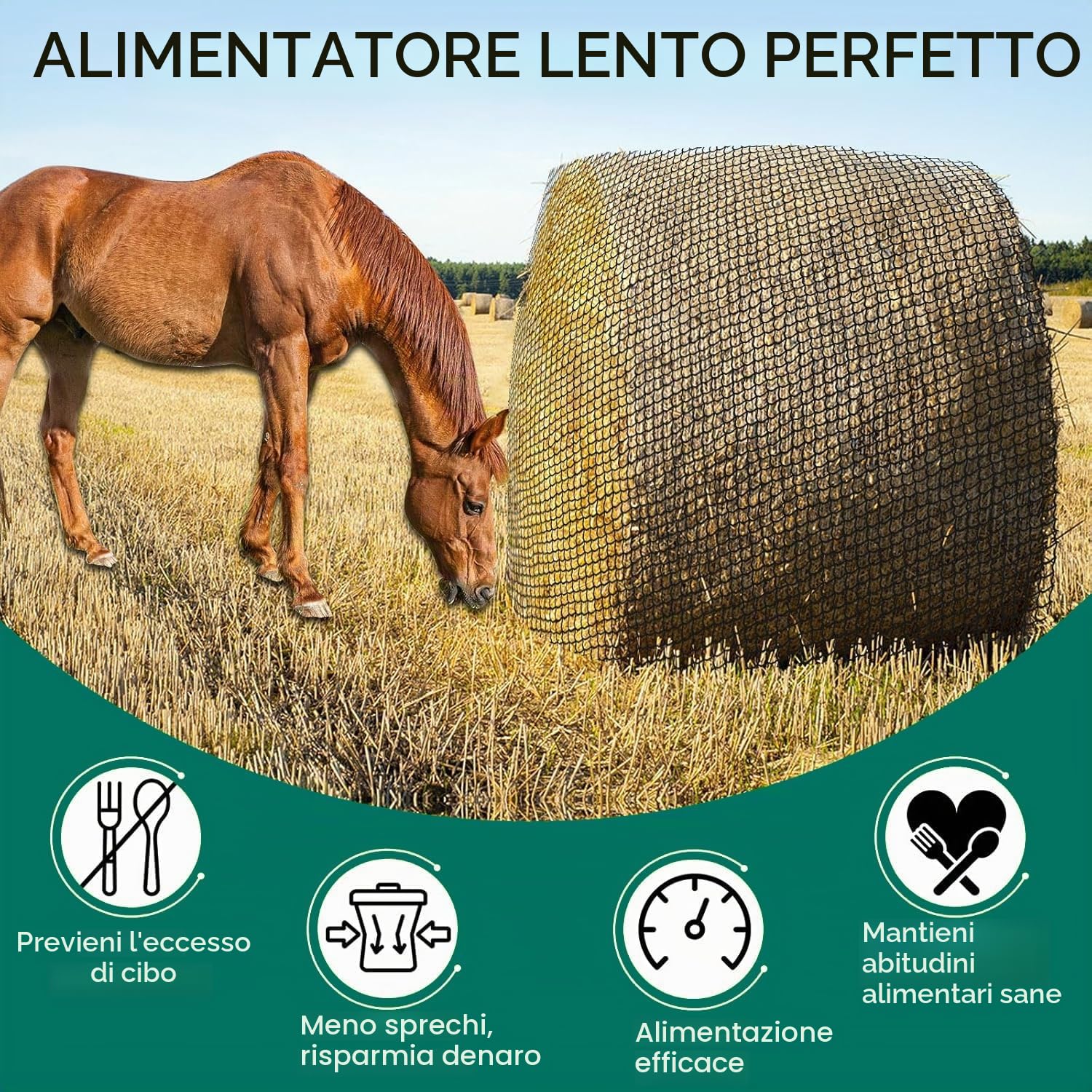 Rete per Fieno 150x150cm in PE - Sacco Alimentazione Lenta per Cavalli, Pecore, Camelidi, Adatto Ballerine Rotonde/Carrate, Resistente UV e Antigelo