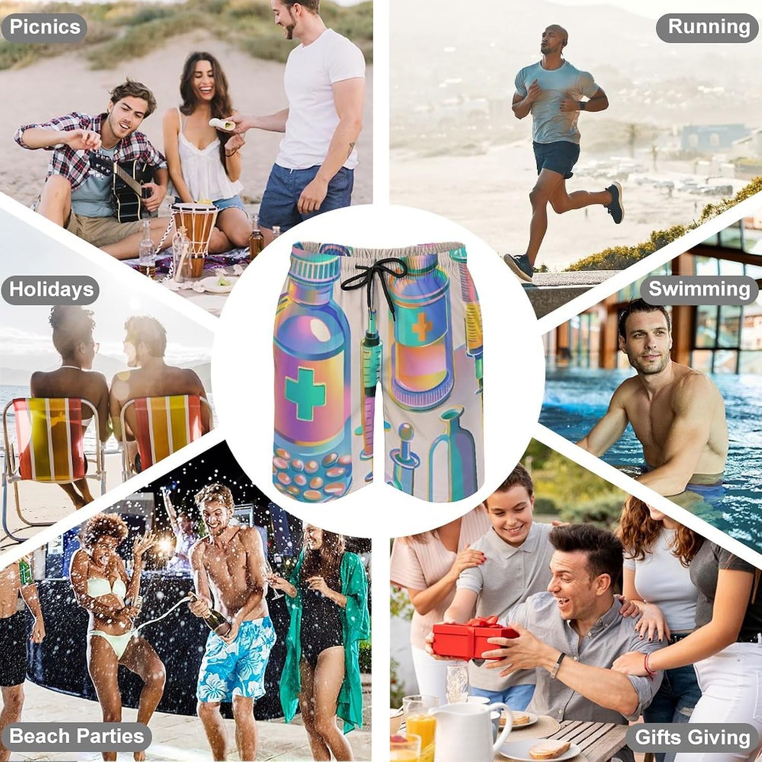 Mens Swim Trunks with Mesh Lining Gradient Medical Items Pattern Beach Shorts Quick Dry Drawstring Board Shorts with Pocket M