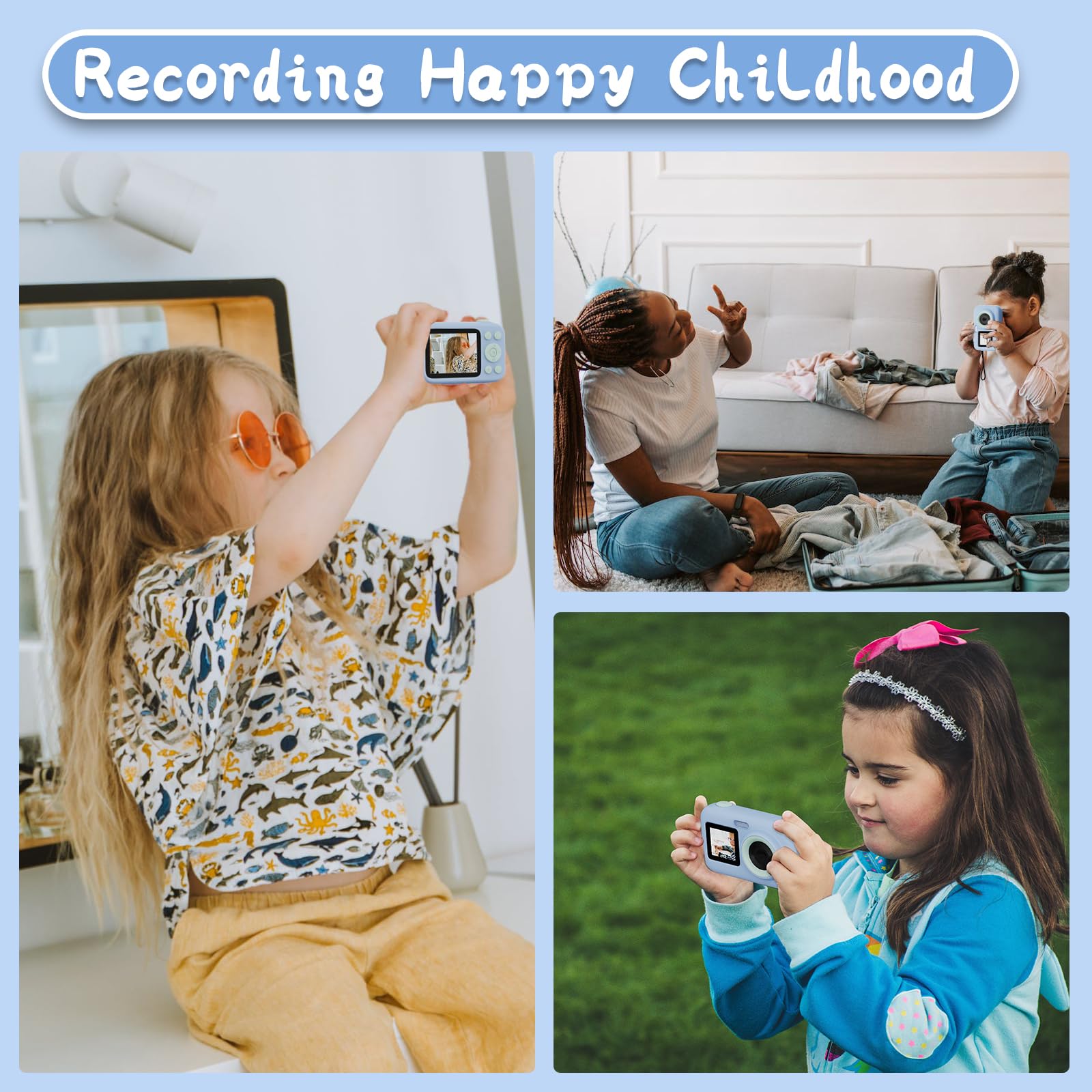 SJCAM macchina fotografica bambini,1080P 2.4'' 1.3'' doppio colore schermo LED Bambini fotocamera digitale Vedio Compleanno Regali di vacanza con 32G Card, adesivo per età 3-10 anni ragazze ragazzi