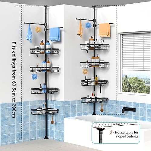 Miniatura 6 de KEGII Barra de tensión negra para ducha con 2 barras de toalla, organizador de baño de esquina ajustable, estantes de almacenamiento de bañera