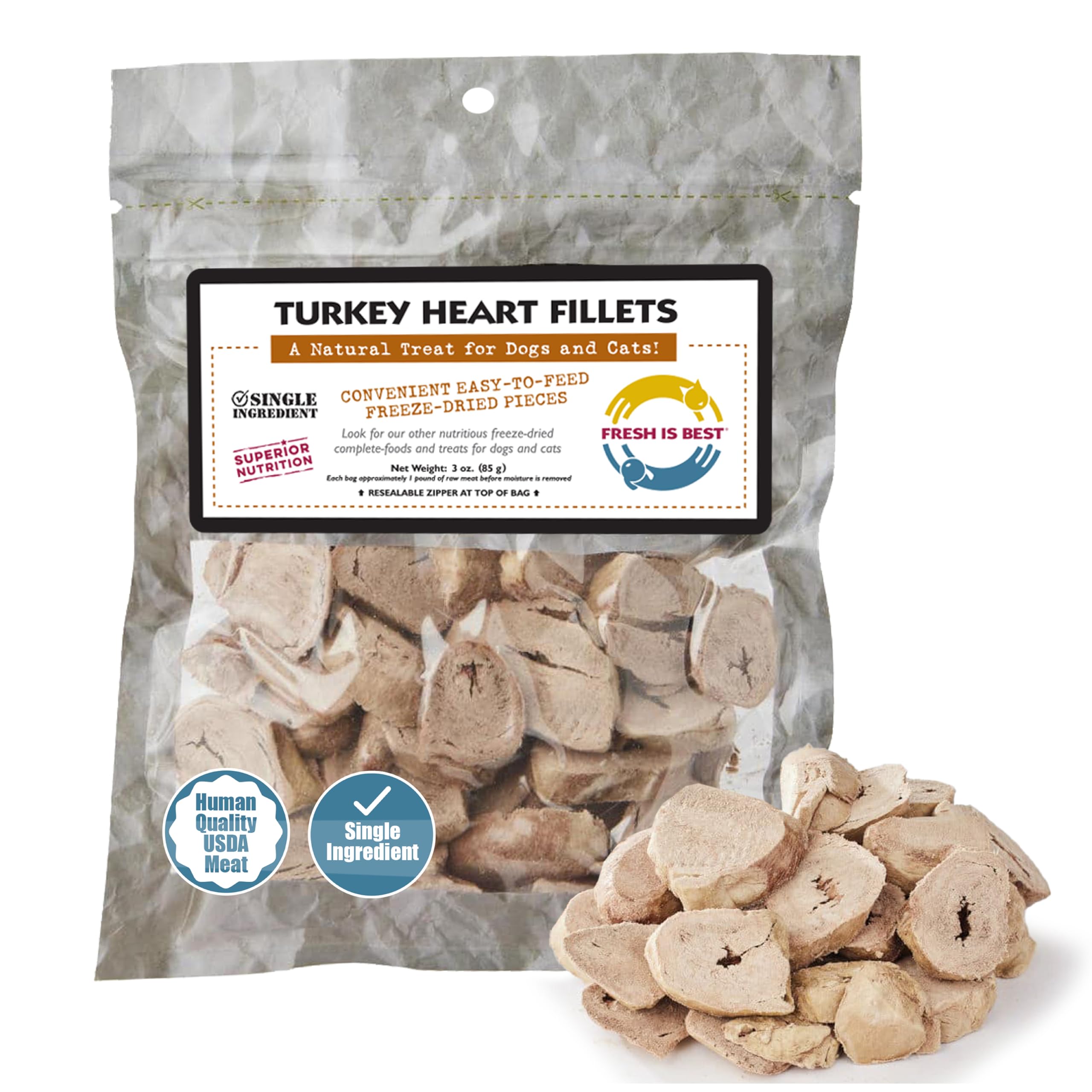 Fresh Is Best Turkey Heart Fillets Freeze Dried Dog Treats – Raw Freeze Dried Treats for Dogs & Cats in Resealable Zipper Bag – High-Protein Single Ingredient – Made in The USA