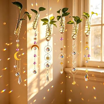 6Pcs Crystal Suncatchers with Propagation Stations Glass Wall Planters | for Indoor Plants Hydroponics - Propagation Tubes Jars with Sun Catchers for Home Whimsical Decor,Gift For Plant Lovers Women