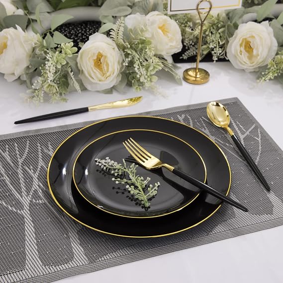 KIRE 60PCS Black Plastic Plates 30Pcs 10.25inch Black Plates and 30Pcs 7.5inch Black Plates 100PCS Gold Plastic Plates 50Pieces 10.25inch Gold Dinner Plates and 50Pieces 7.5inch Gold Dessert