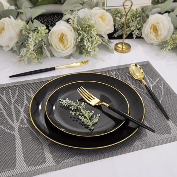 KIRE 60PCS Black Plastic Plates 30Pcs 10.25inch Black Plates and 30Pcs 7.5inch Black Plates 100PCS Gold Plastic Plates 50Pieces 10.25inch Gold Dinner Plates and 50Pieces 7.5inch Gold Dessert