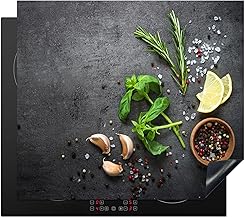 KitchenYeah© Herdabdeckplatte Einteilig Ceranfeld Abdeckplatte für Induktionsschutz Ceranfeldabdeckung Vinyl Herdabdeckplatten Limette - Kräuter - Gewürze - Grün - Beton - 60x52 cm