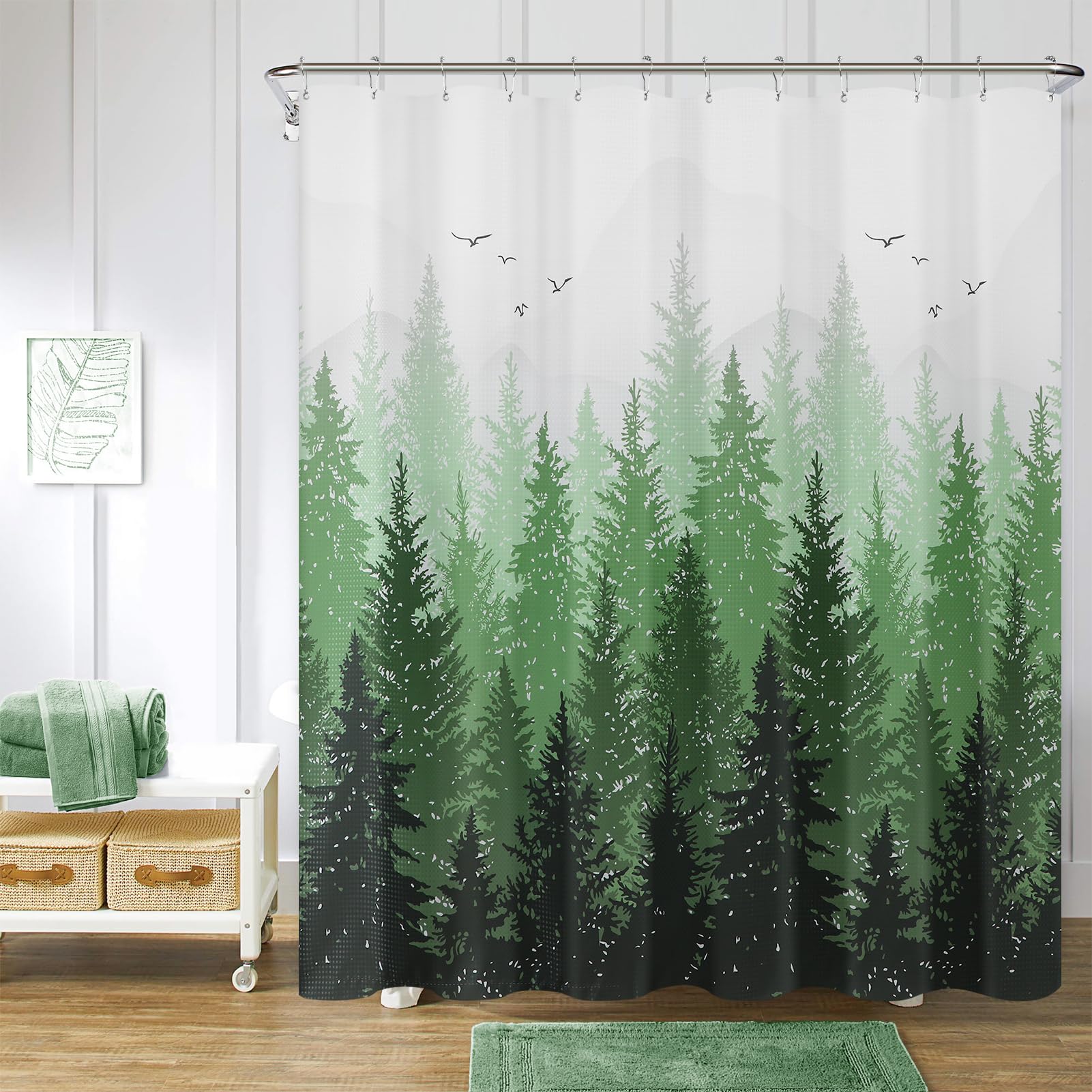 Hokibero Spring Forest Green Plant, Grey Mountain Nature Tree Fabric Shower Curtains for Bathroom Water Repellent Woodland Shower Curtain, 72 x 72
