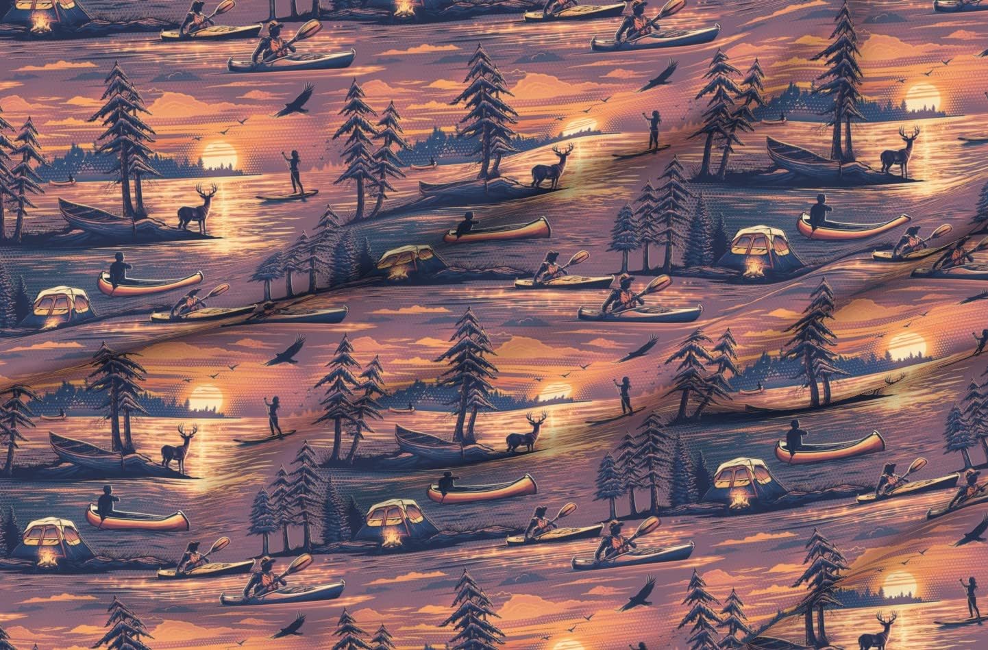 Spoonflower Fabric - Sunset Lake Water Sun Fishing Camping Printed on Minky Fabric by The Yard - Sewing Baby Blankets Quilt Backing Plush
