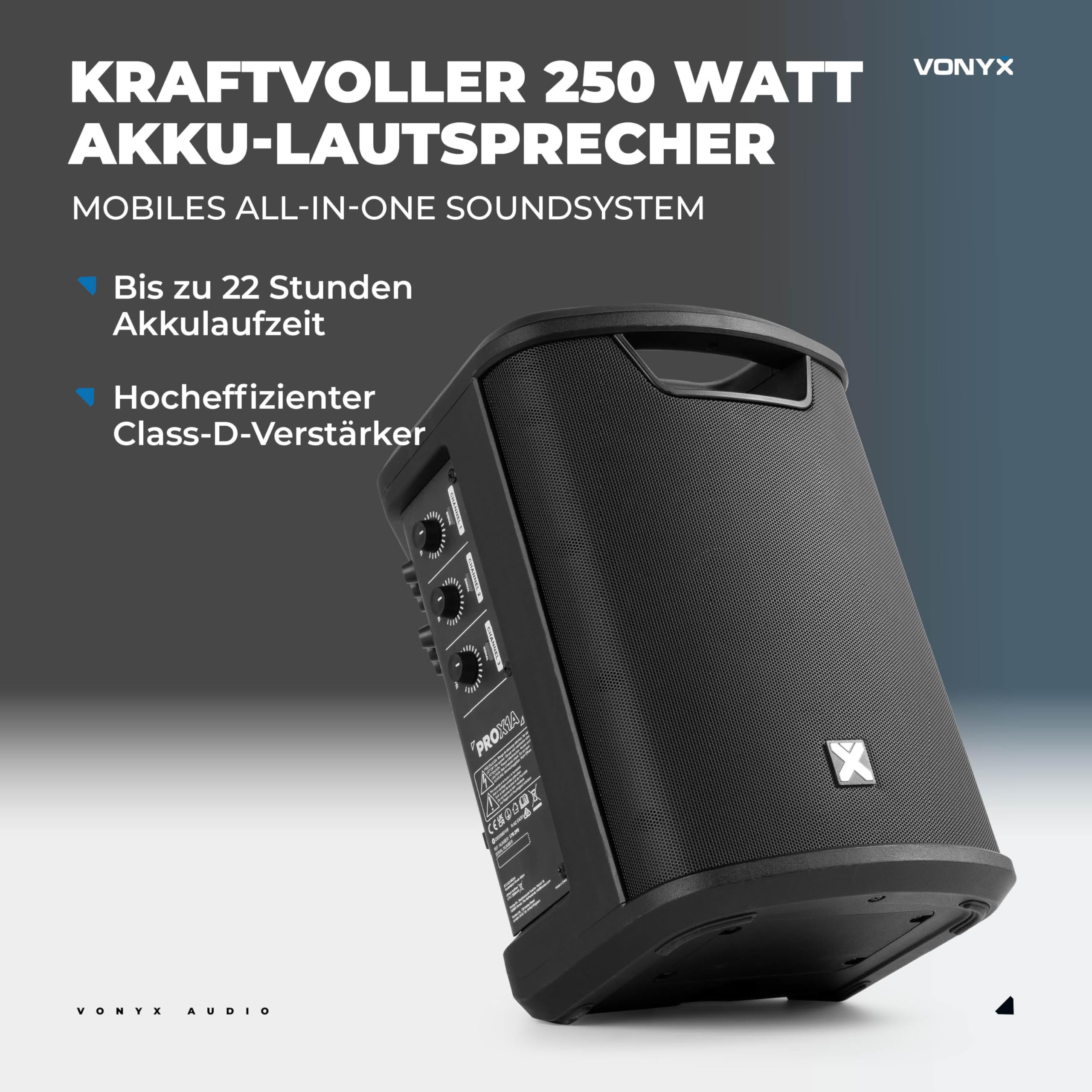 Vonyx PRO X1A - Akku Partybox Bluetooth Lautsprecher Groß, 250 Watt, bis zu 22 Std. Akku, AUX & Line Out, Mobile PA Anlage, 3-Kanal Mixer, Stereo Pairing - Mobile Musikbox Groß, USB & MP3 - Schwarz