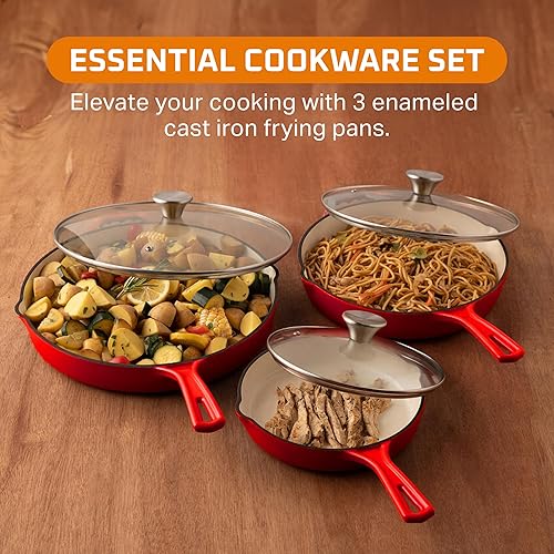 Miniatura 24 de Bruntmor Sartén de hierro fundido pre-sazonado rojo de 12 pulgadas, sartén de hierro fundido segura para horno de 12 pulgadas, juego de sartenes