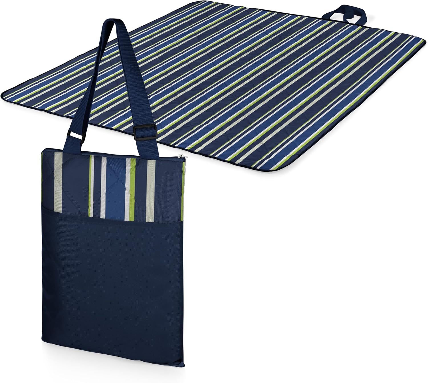 ONIVA - a Picnic Time brand - Vista Outdoor Picnic Blanket & Tote - Beach Blanket - Camping Blanket, (Blue Stripe Pattern with Navy Blue Exterior)