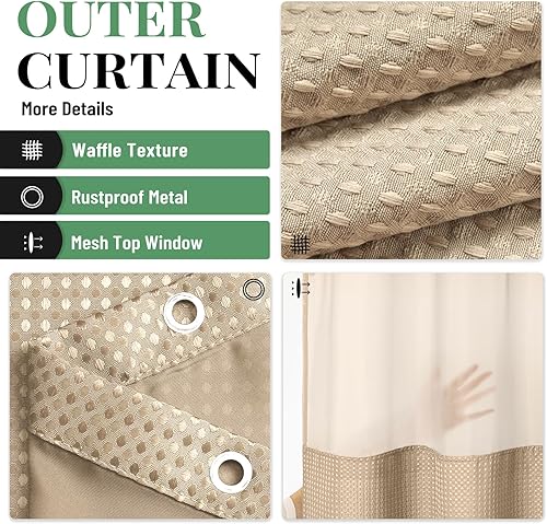 Vista 305 de Dynamene Cortina de ducha larga de tela negra – Cortinas de ducha de tela alta y resistente con textura de gofre, juego de cortina de baño de lujo