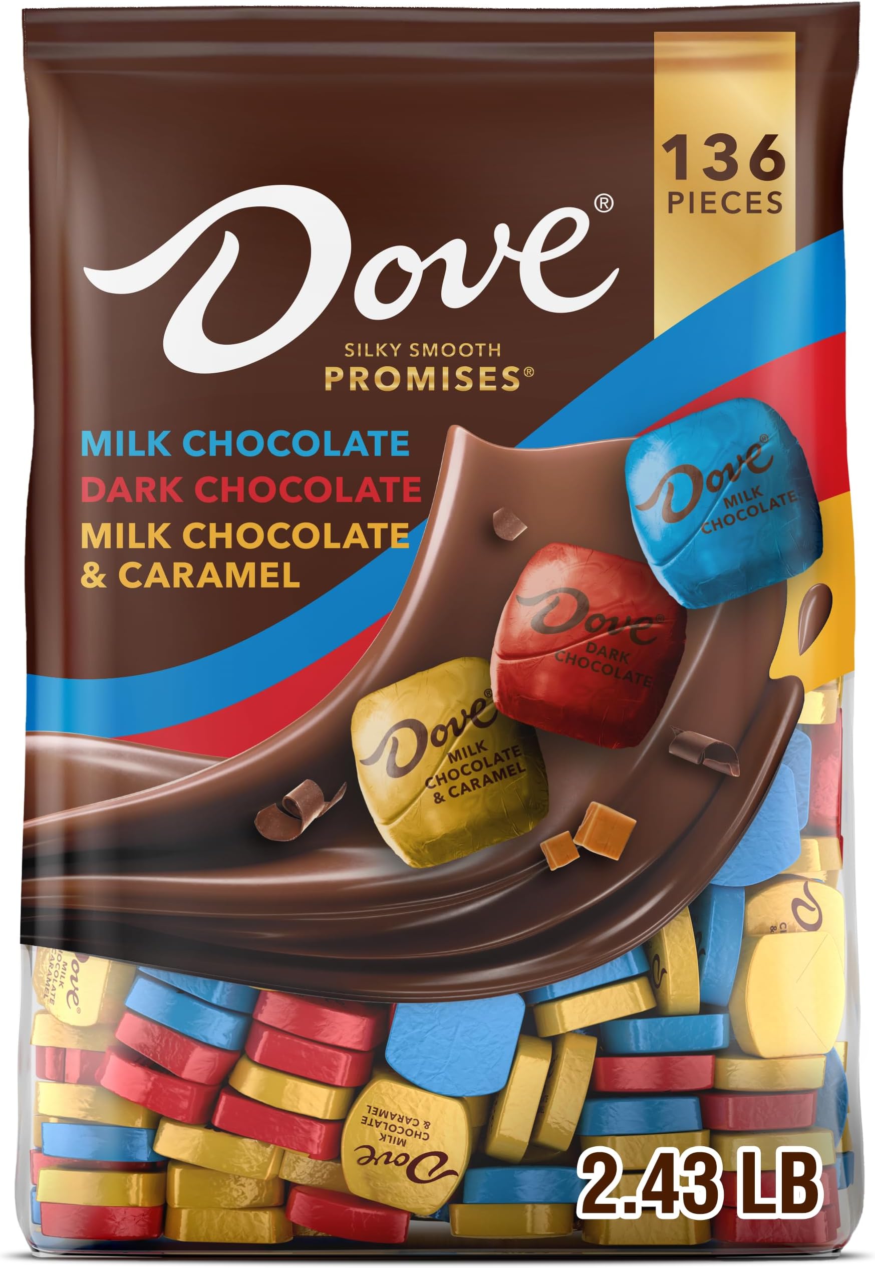 DOVE PROMISES Milk Chocolate, Dark Chocolate and Milk Chocolate & Caramel Assorted Chocolate Candy, 136 Ct Bulk Bag