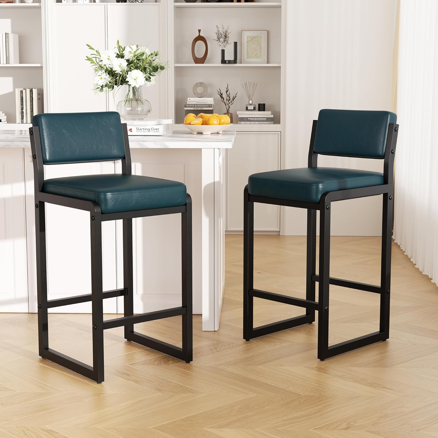 Bar Stools Set of 2, Faux Leather Counter Height Bar Stools with High Back and Metal Legs, Upholstered Bar Chairs, 26" Modern Barstools for Kitchen Island, Dark Blue