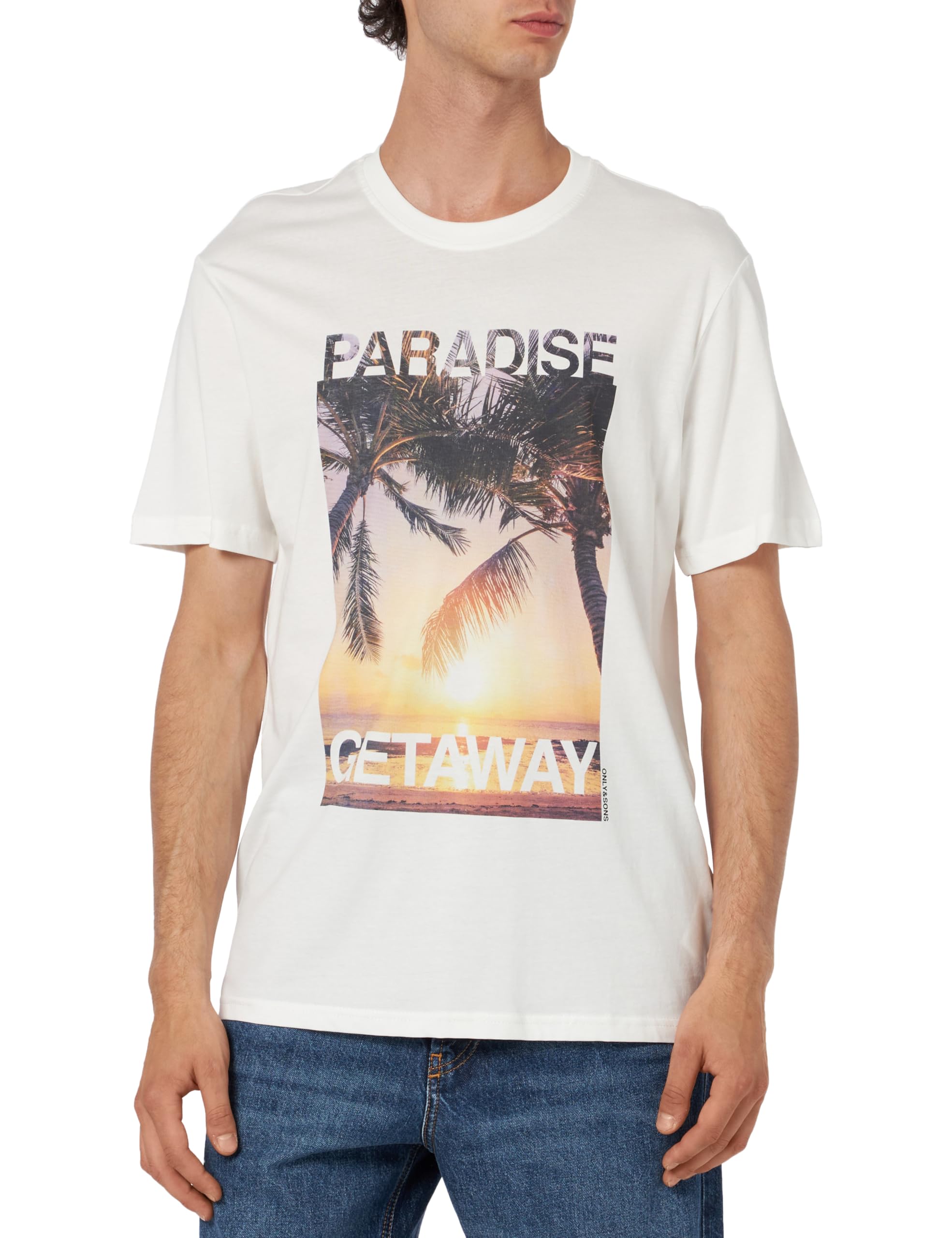 ONLY & SONS Men's Onsmagdy Life Reg Photoprint SS Tee T-Shirt, Cloud Dancer/Print:Paradise, L
