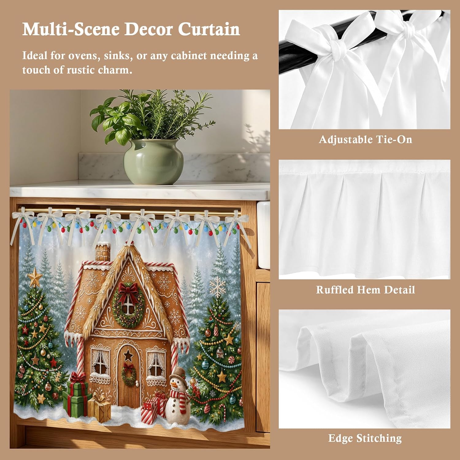 Christmas Gingerbread House Oven Curtain with Tie Top, Whimsical Xmas Tree Snowman Gift Oven Skirt Curtains with Tie Top Cabinet Cover Curtain for Small Kitchen Apartment Decor 27 x 20 Inches image 2