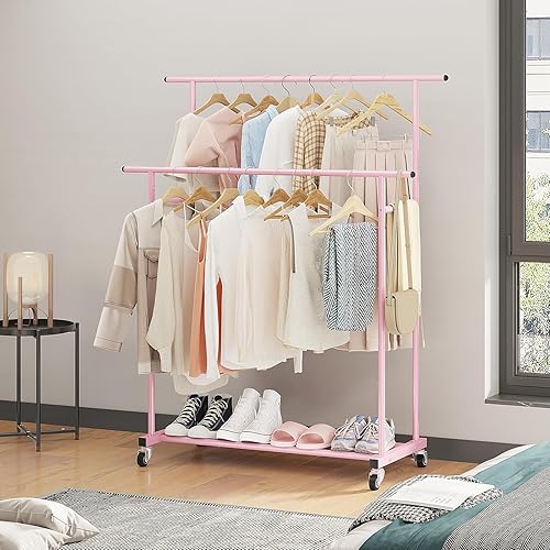 Miniatura 6 de Calmootey Perchero de ropa de doble barra, organizador de ropa portátil para dormitorio, sala de estar, tienda de ropa, rosa
