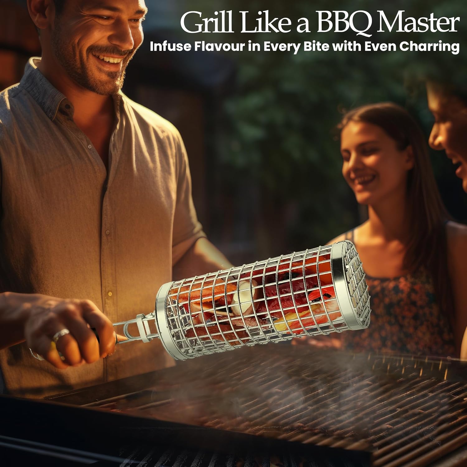 Grill Well 2.0 - Rolling Grill Basket (2 PCs) ideal as Birthday Gift for Dad who has Everything, BBQ Vegetables Grill Baskets, Outdoor Cooking Gadgets, Mens Gifts Ideas, BBQ Smoker Accessories & More