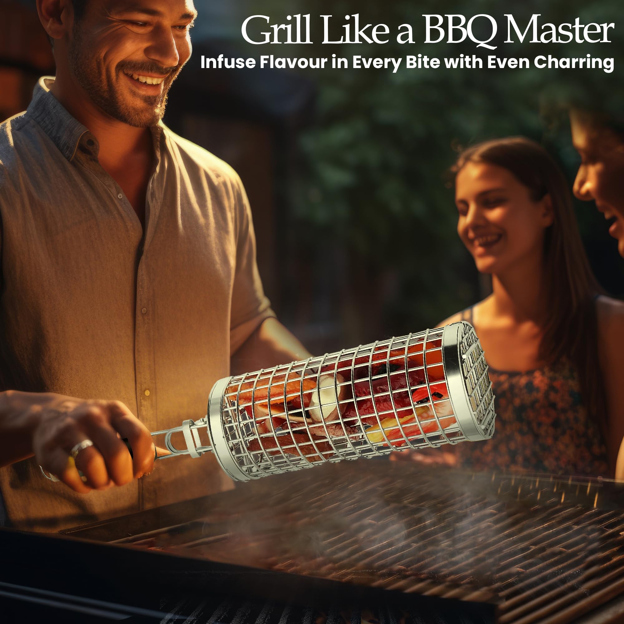 Grill Well 2.0 - Cesta rodante para parrilla (2 piezas) para verduras, kebob, camarones | Accesorios de parrilla para cocinar al aire libre y acampar | Regalo perfecto para el día del padre para