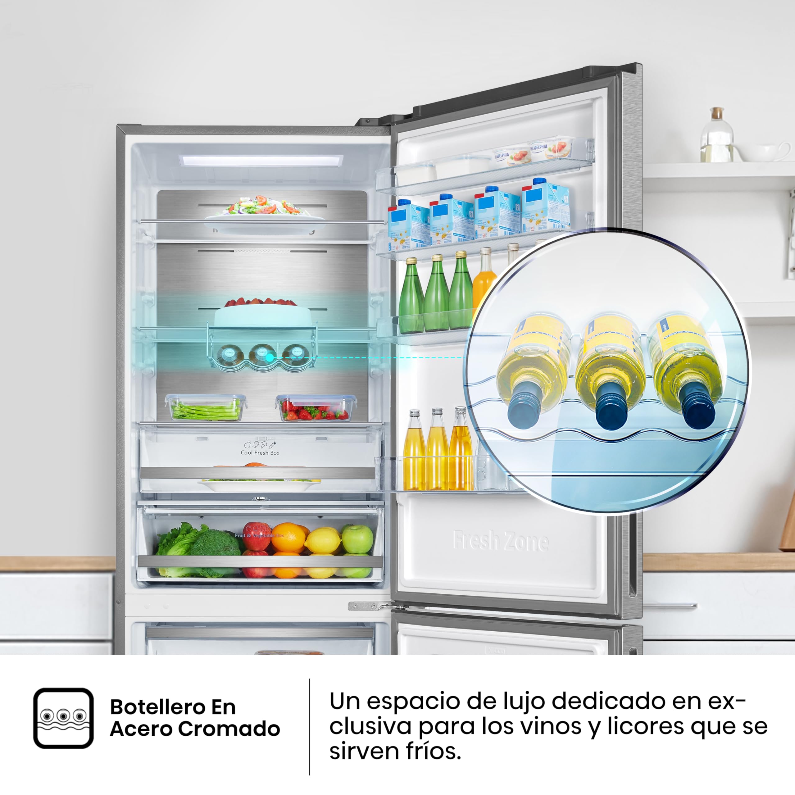 Hisense RB645N4BID Frigorífico Combi Inverter, Ancho especial 70Cm, Botellero, No Frost, 2 Metros,495Litros, Sistema de flujo de aire, Acabado Inox