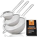 ELEEN Premium Stainless Steel Fine Mesh Strainers for Kitchen 3-Piece Set with Non-Slip Handle, Small, Medium & Large Sieves, Colanders and Sifter for Sifting, Straining, Pastas Tea, Rice Vegetables