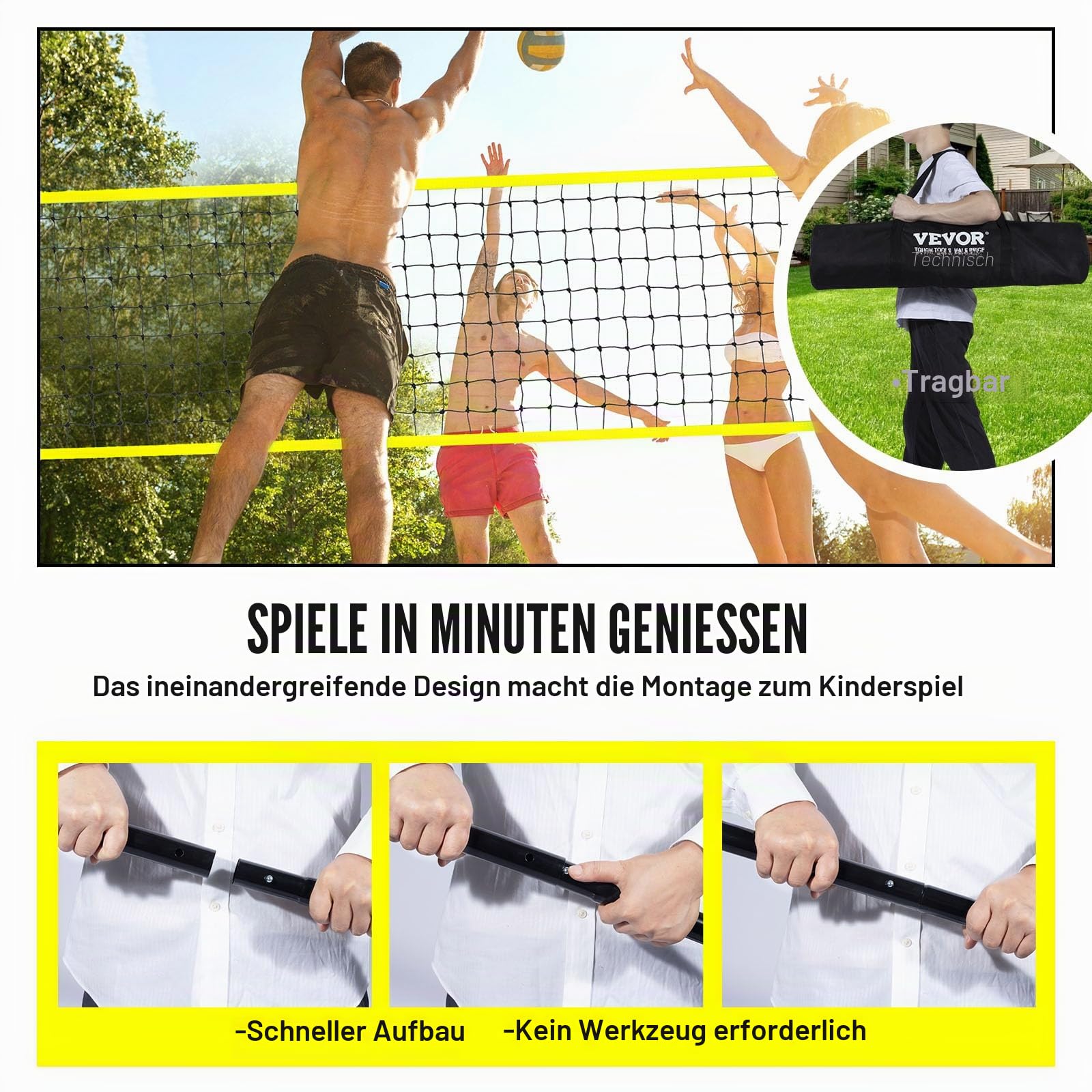 VEVOR Volleyballnetz Höhenverstellbar Volleyballnetz Set, Tragbarer Beachvolleyball-Netz, Outdoor Volleyballnetz Faltbare Volleyballnetz mit Volleyball & Tragetasche, für Garten Strand Rasen usw.