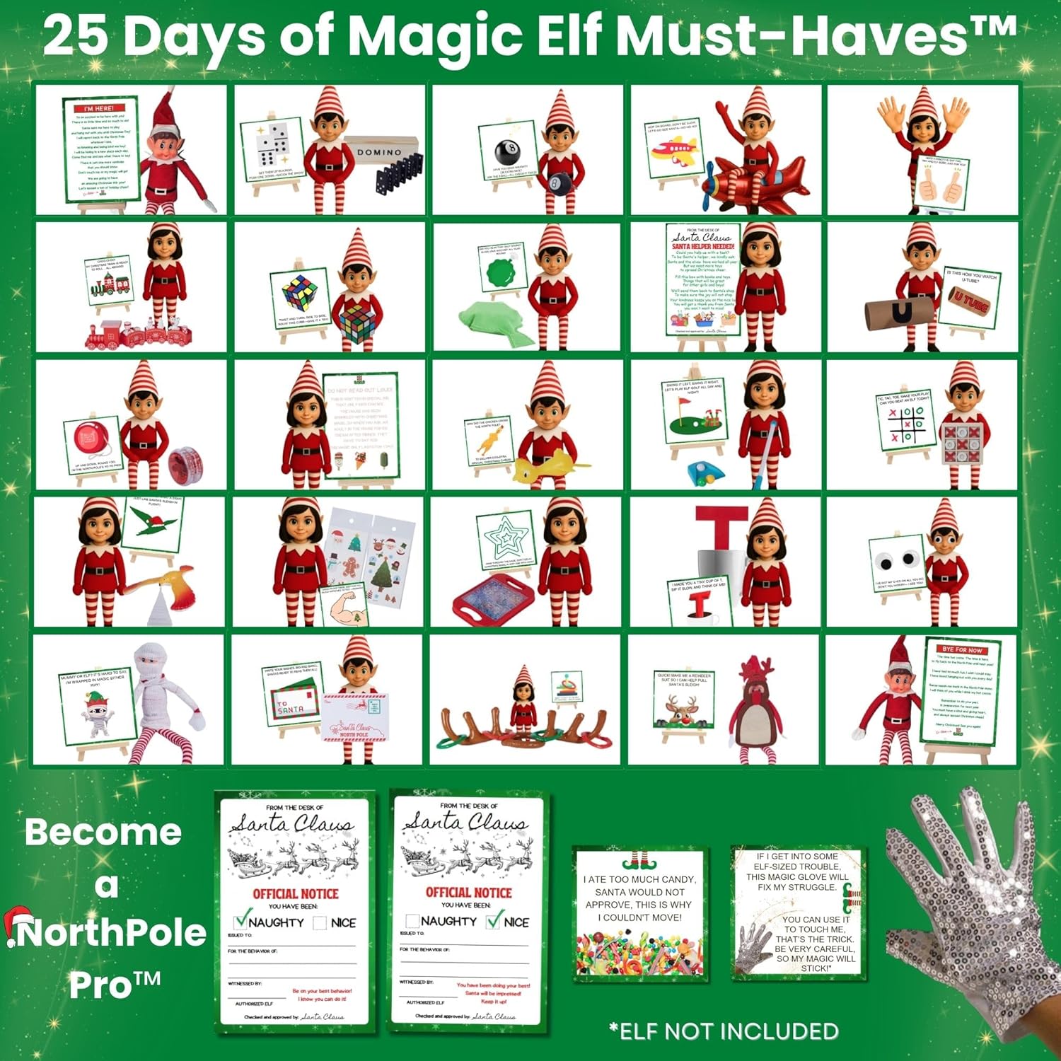 NorthPole Pro™ Elf Kit 2025 – 25 Days of Christmas Elf Accessories, Props & Activities – Magic Elf Must-Haves™ & Elf Magic in a Box™ – Magic Gloves, Elf Notes, Crafts, Pranks, Games, Toys & More