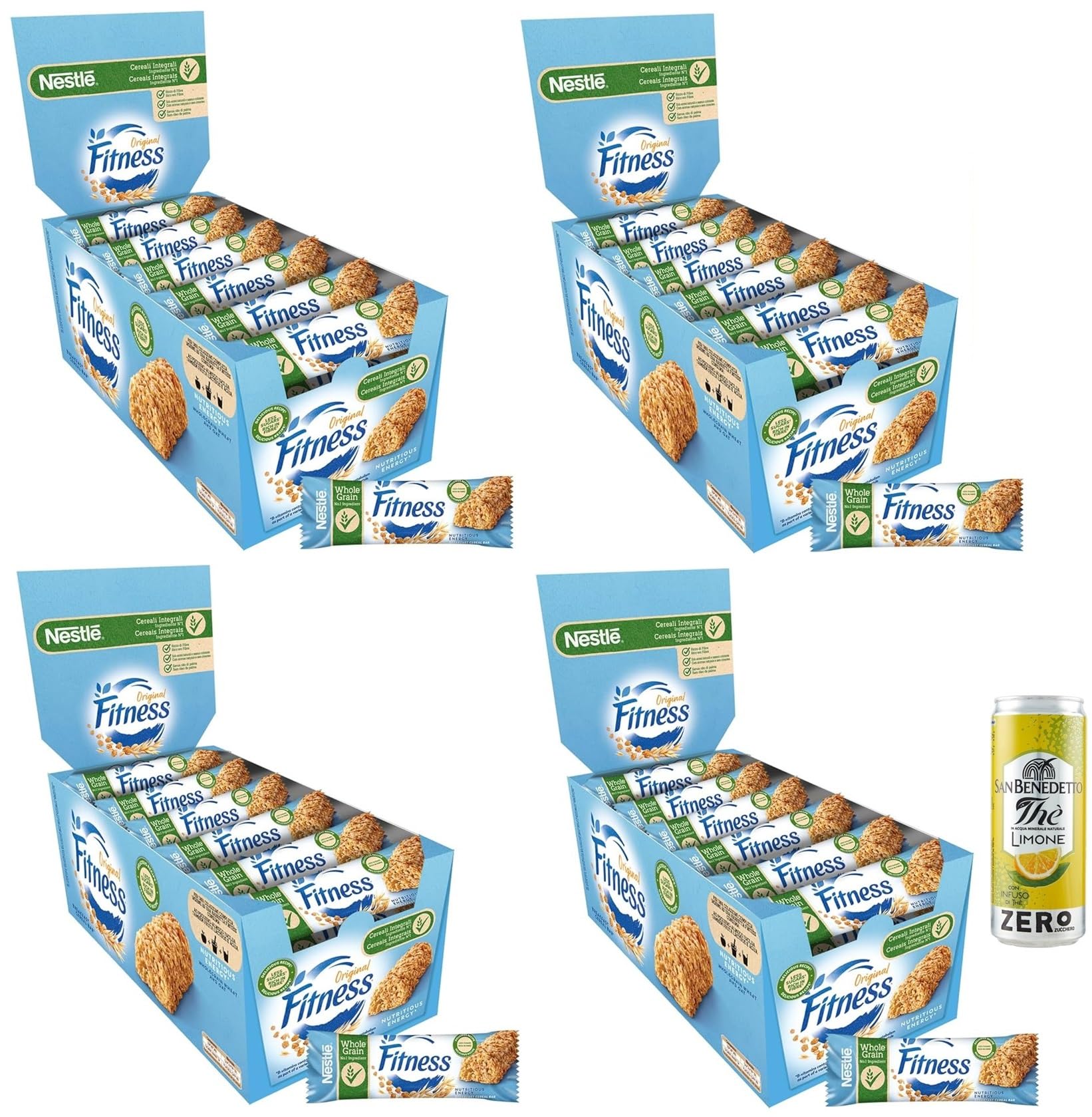 Nestlé Lot de 4 barres de fitness Barrette di Cereali Integrali, paquet de 564 g, chaque paquet contient 24 barres de 23,5 g + 1 paquet de thé glacé San Benedetto au citron sans sucre 330 ml