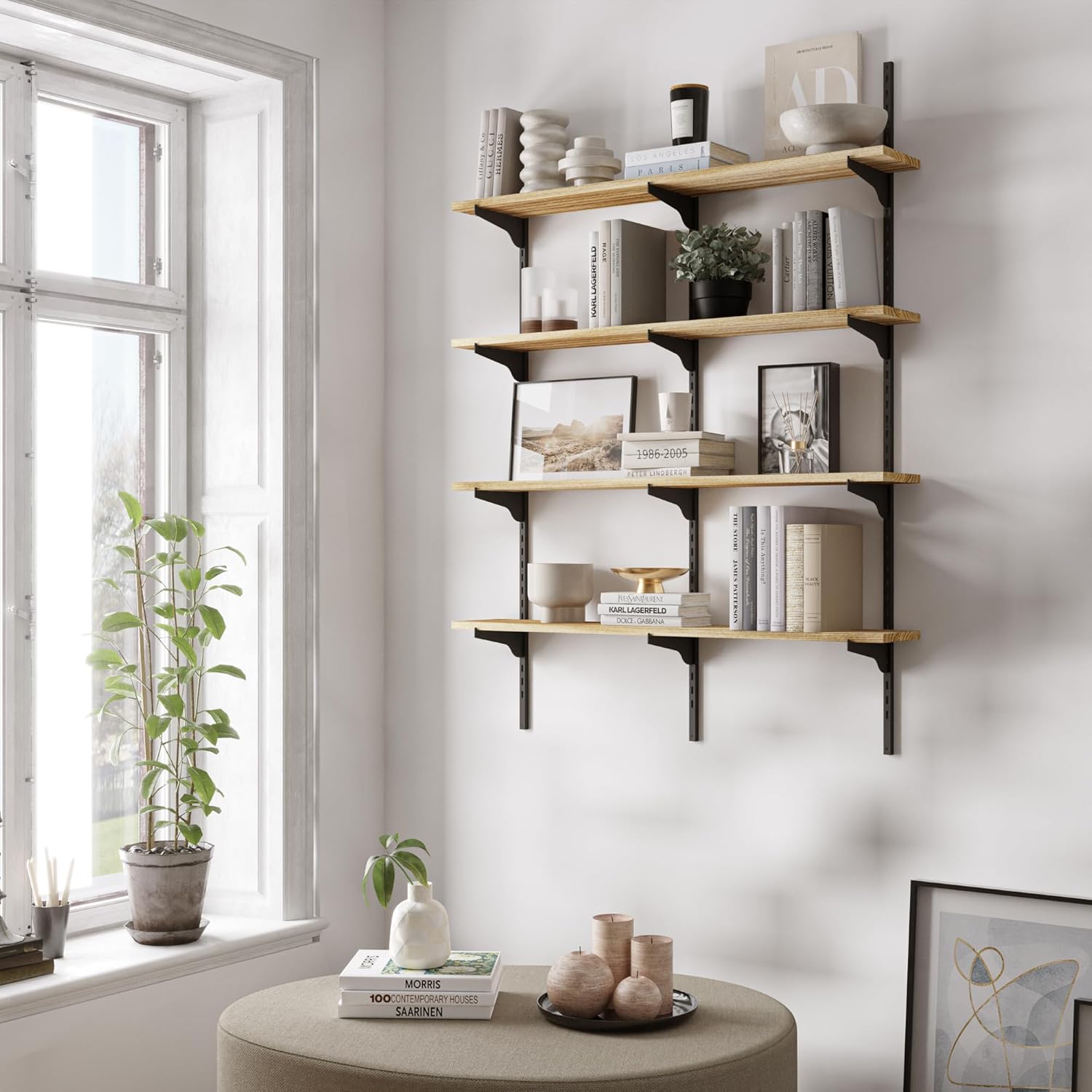 Wallniture Turin 36 inch Wooden Wall Shelf Unit, Height Adjustable Wall Shelves for Display, Storage, Organization and Decor, Kitchen Organizer Shelf, Floating Bookshelves for Living Room