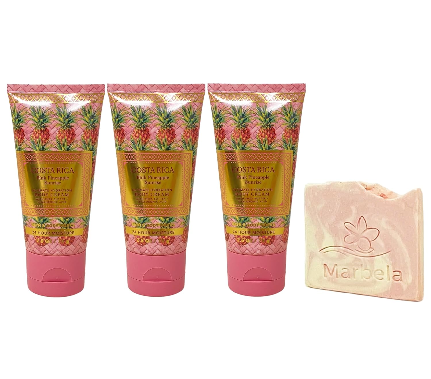 Bath & Body Works Costa Rica Pink Pineapple Sunrise 3 Pack Mini Body Cream Bundle with a Himalayan Salts Springs Sample Soap - Travel Size