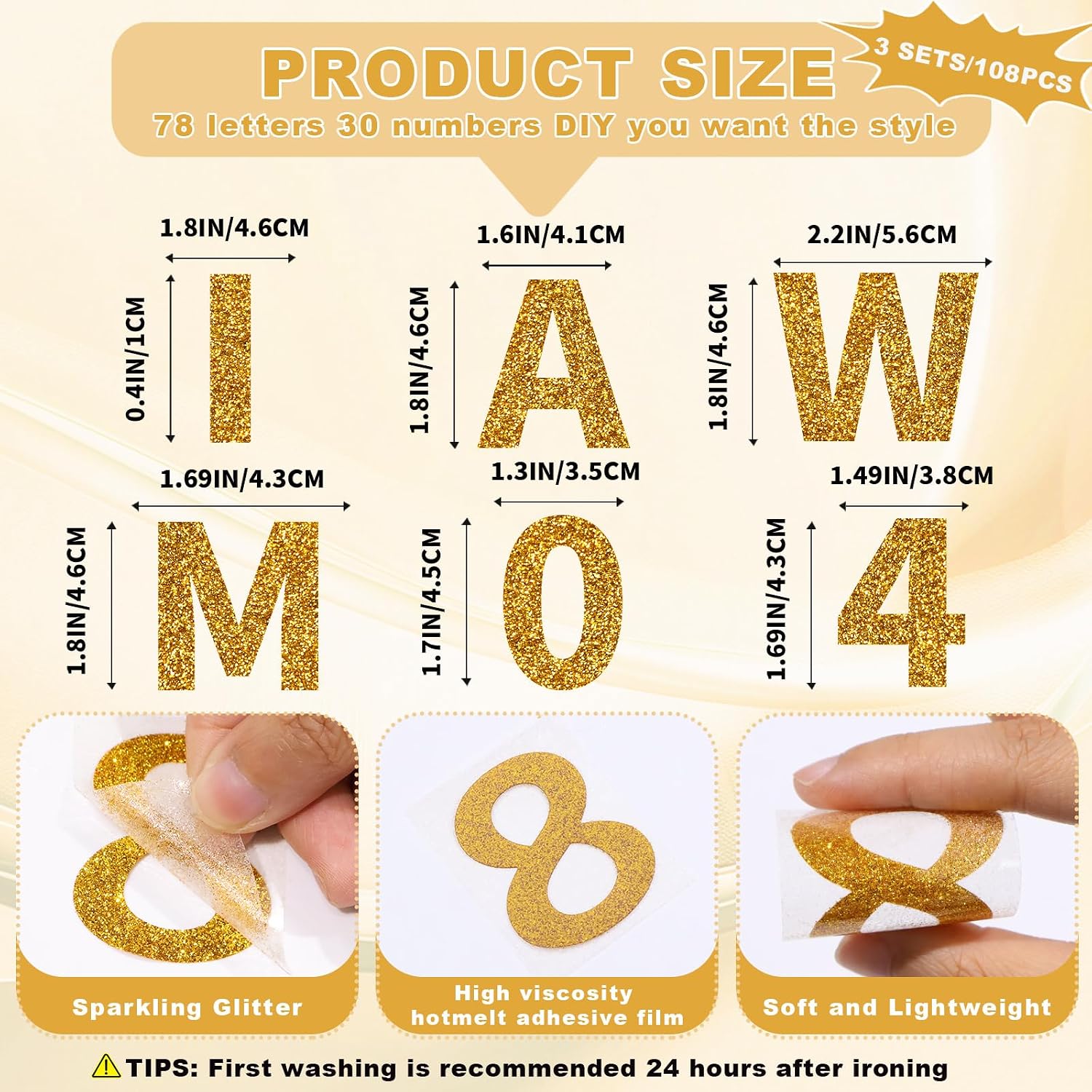 108 Pieces Iron On Letters for Clothing, 3 Sets Gold Glitter Small Heat Transfer Vinyl Letter with A-Z Iron on Numbers 0-9 Alphabet for Fabric Shirts, Jerseys, Bags Designs DIY Crafts
