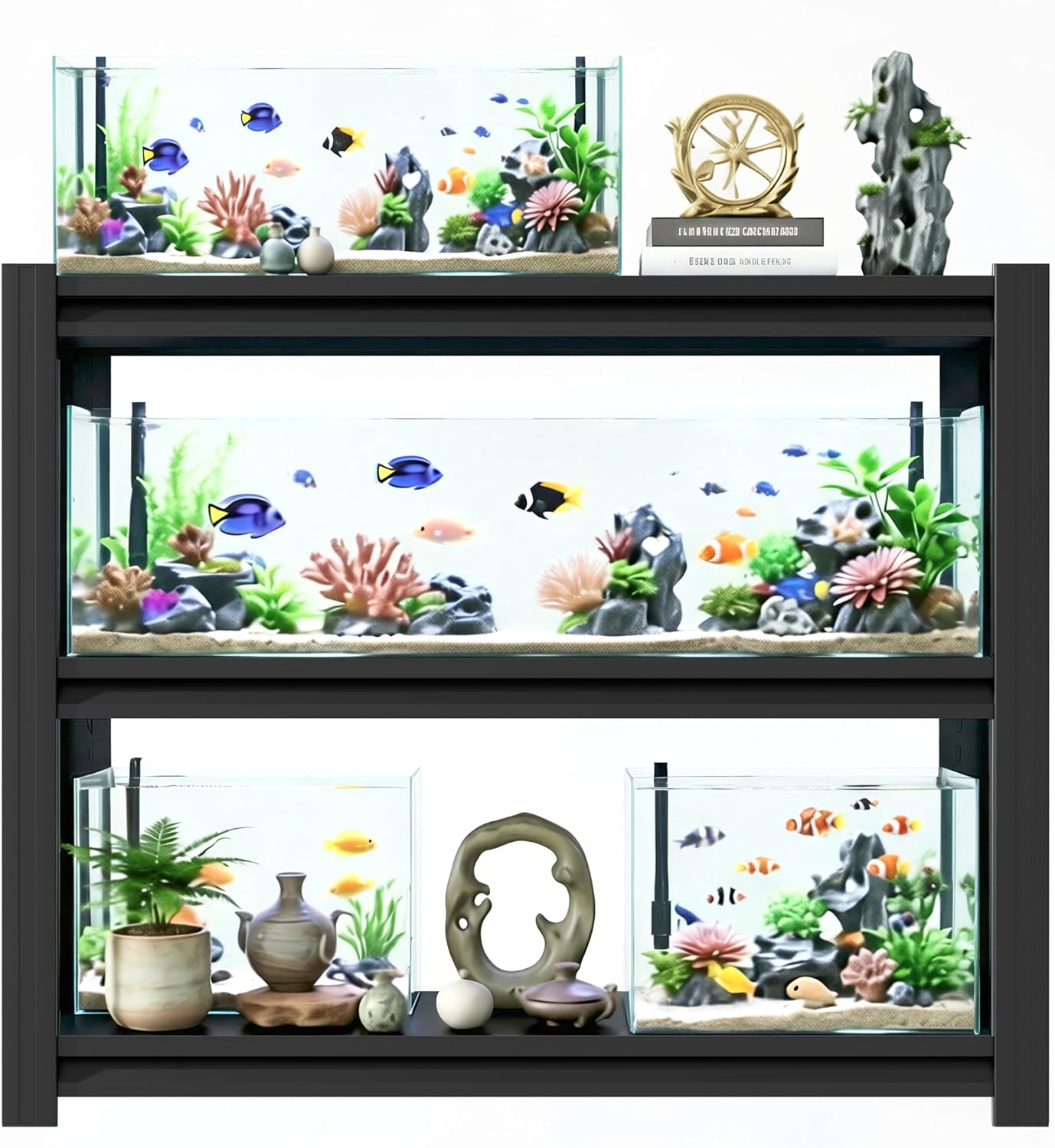 3-Tier Metal Fish Tank Stand, 47.2" W x 18" D x 39" H, Adjustable Heavy Duty Aquarium Rack, 660 lbs Capacity, Black