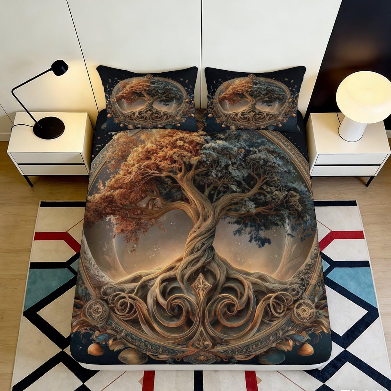 3D Printed Tree of Life Fitted Sheet Microfiber Soft Anti-Slip Mandala Forest Bed Cover for Bedroom Guest Room Decor 90x200x25cm