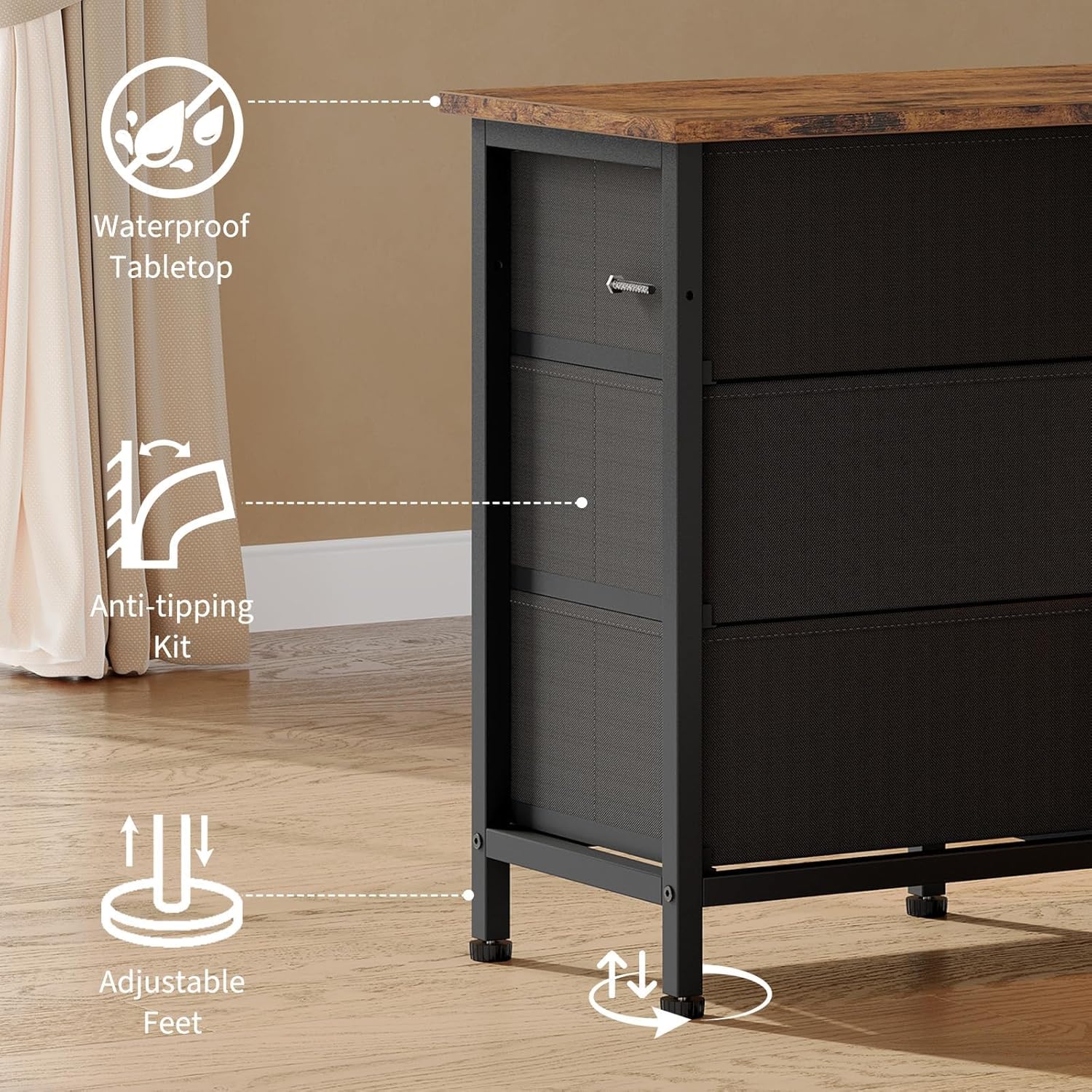 CABIHOME 63 Inch 10-Drawer Dresser with LED Lights & Power Outlets, Wide Fabric Dresser for Bedroom, Long Storage Chest & TV Stand for Living Room, Holds TVs Up to 75", Brown