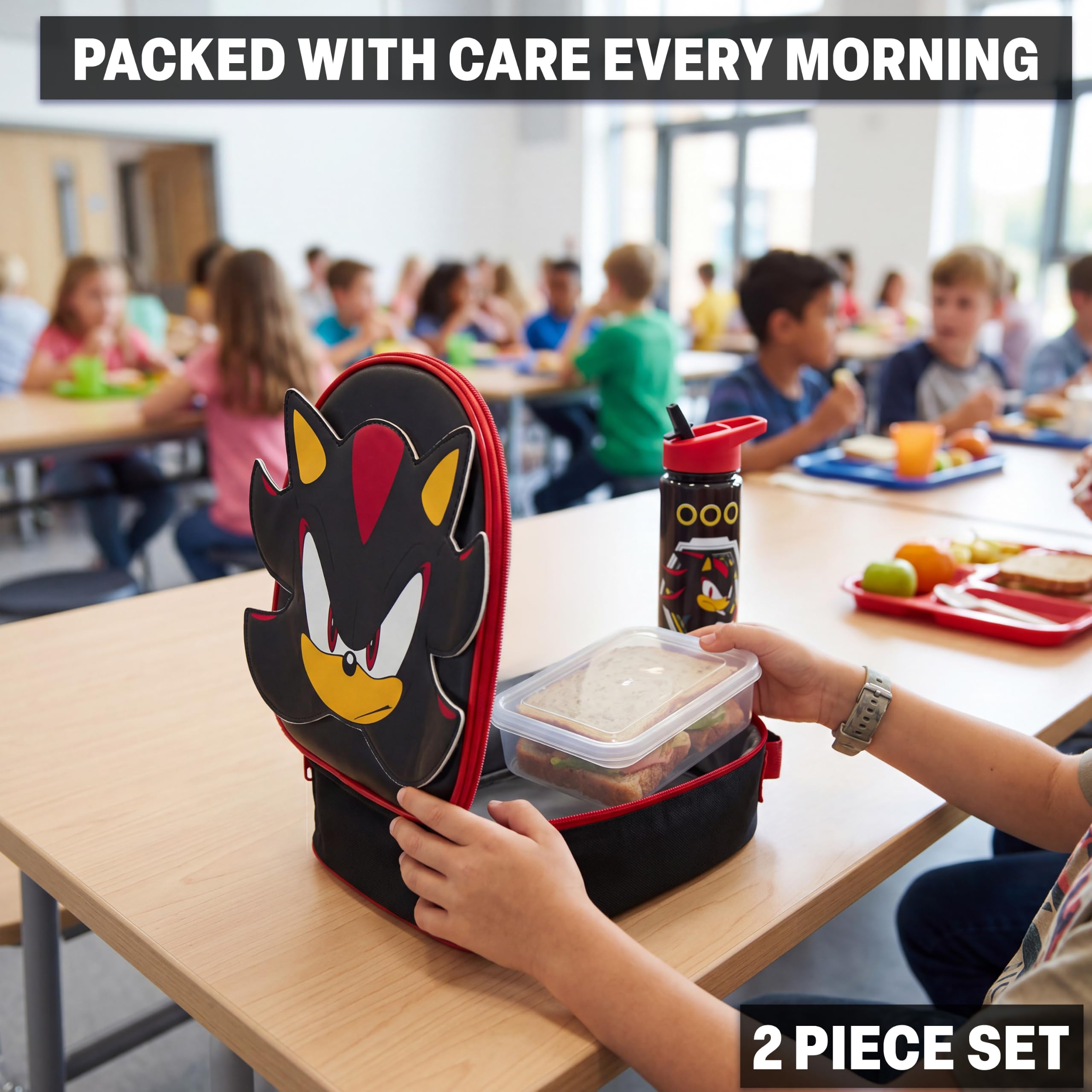 Sonic the Hedgehog 3D Sac Isotherme Repas et Gourde Enfant Set, Shadow Lunch Bag Isotherme avec Fermeture Éclair et Sans BPA Gourde Air Up, École ou Pique Nique, Cadeau Enfant (Noir/Rouge Shadow)