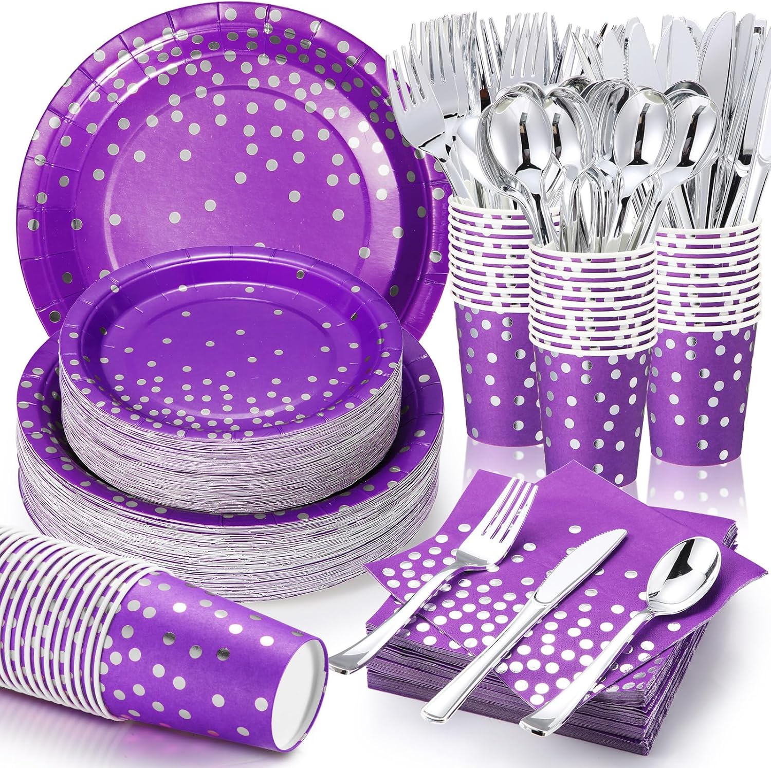 560 Pcs Purple and Silver Party Supplies for 80 Guests